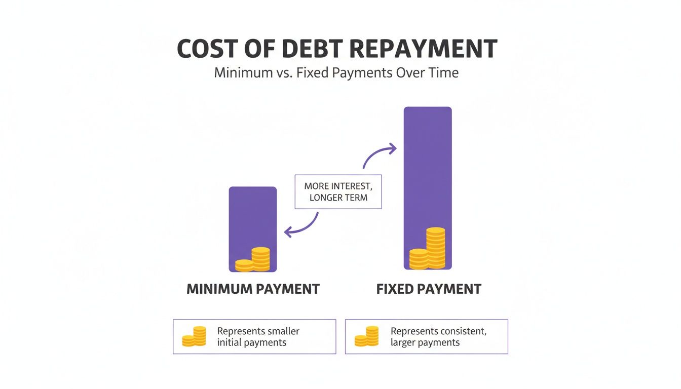 Bar chart comparing minimum versus fixed debt payments, showing minimum payments result in more interest and a longer term.
