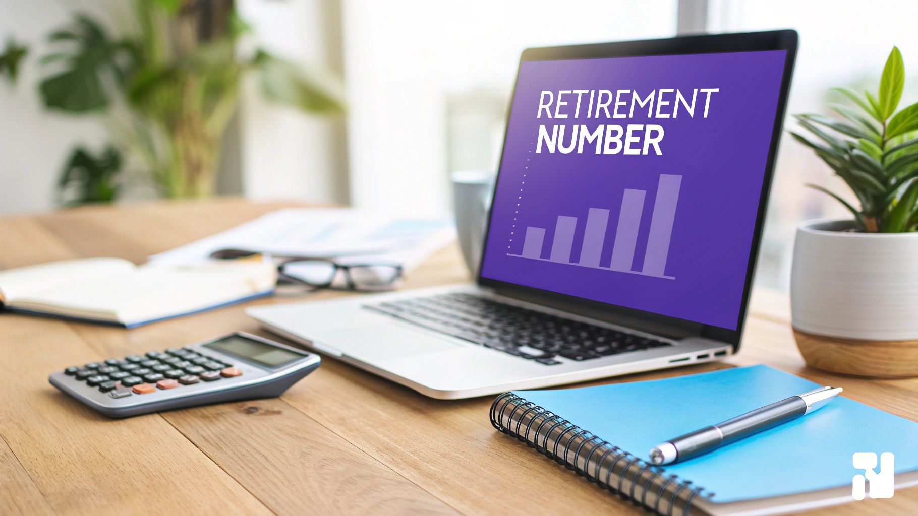 A laptop displaying "RETIREMENT NUMBER" and a bar chart on a desk with financial tools.