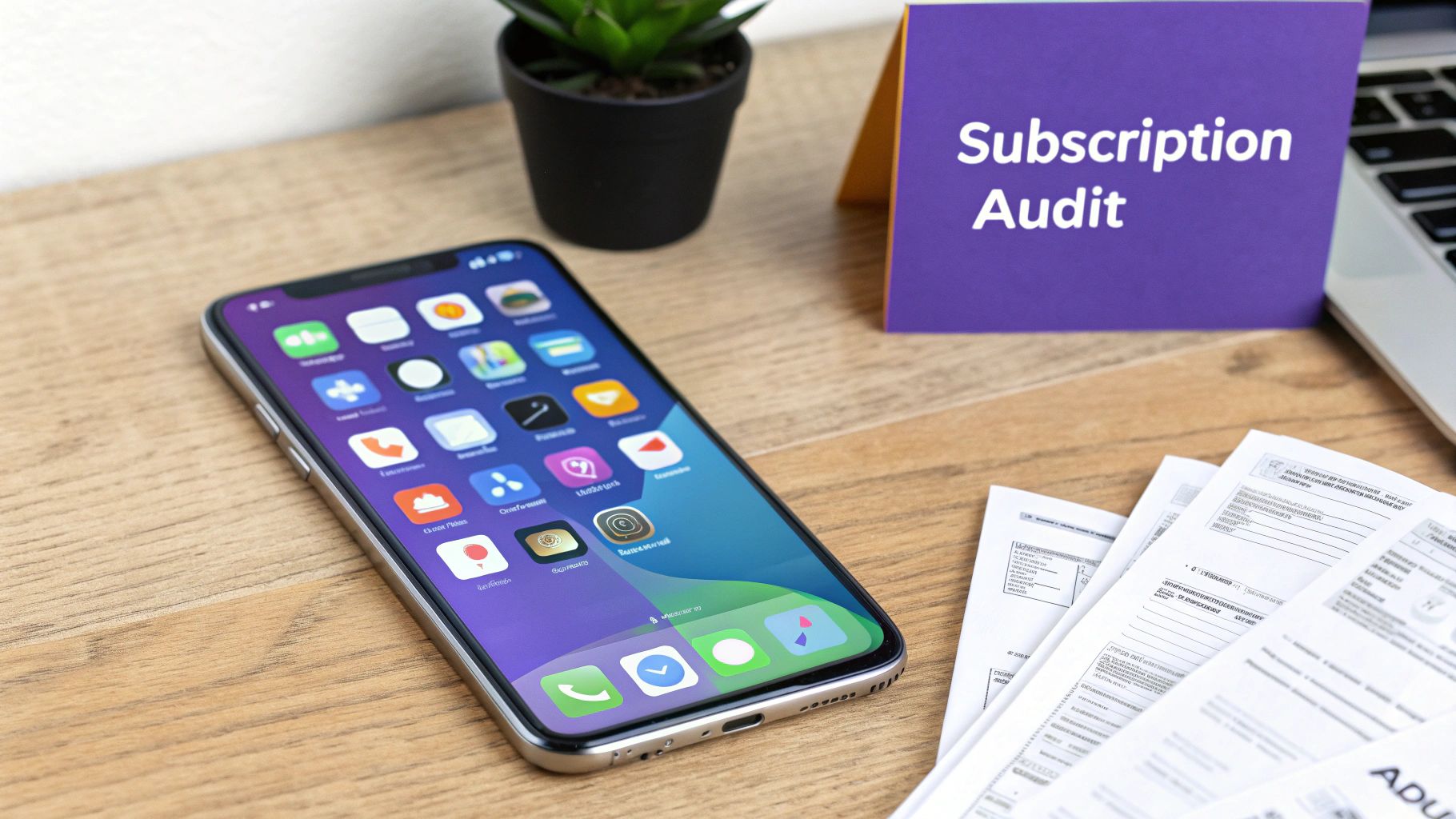 A smartphone showing app icons next to a purple 'Subscription Audit' sign and documents on a wooden desk.