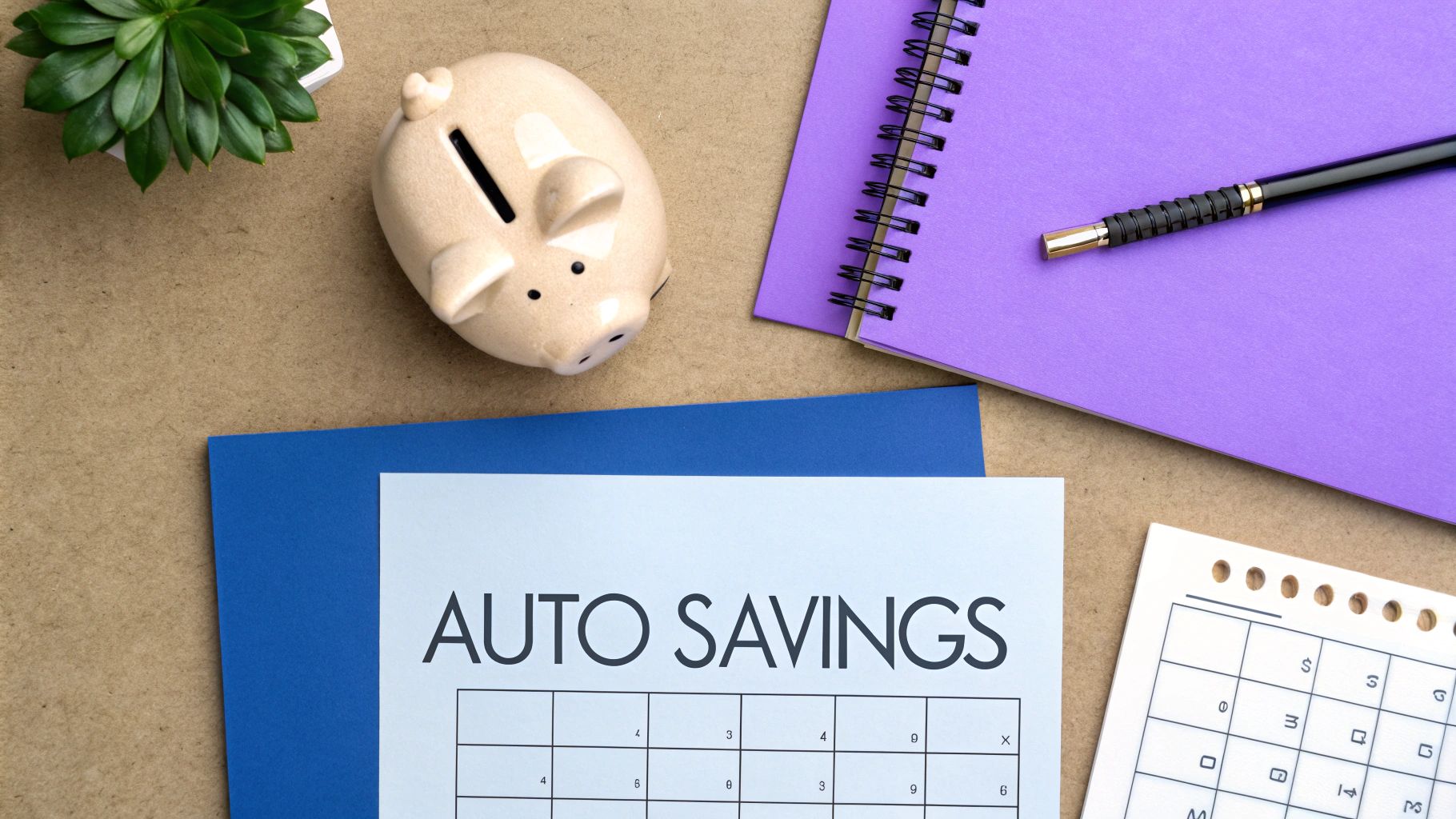 Flat lay of a piggy bank, succulent, purple notebook, pen, and an 'Auto Savings' sheet.