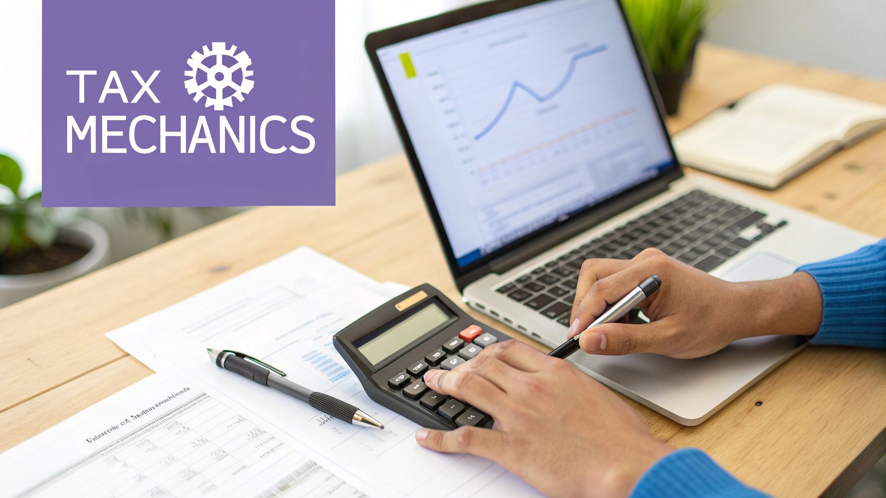 A person calculates tax mechanics using a calculator, laptop with graphs, and documents on a wooden desk.