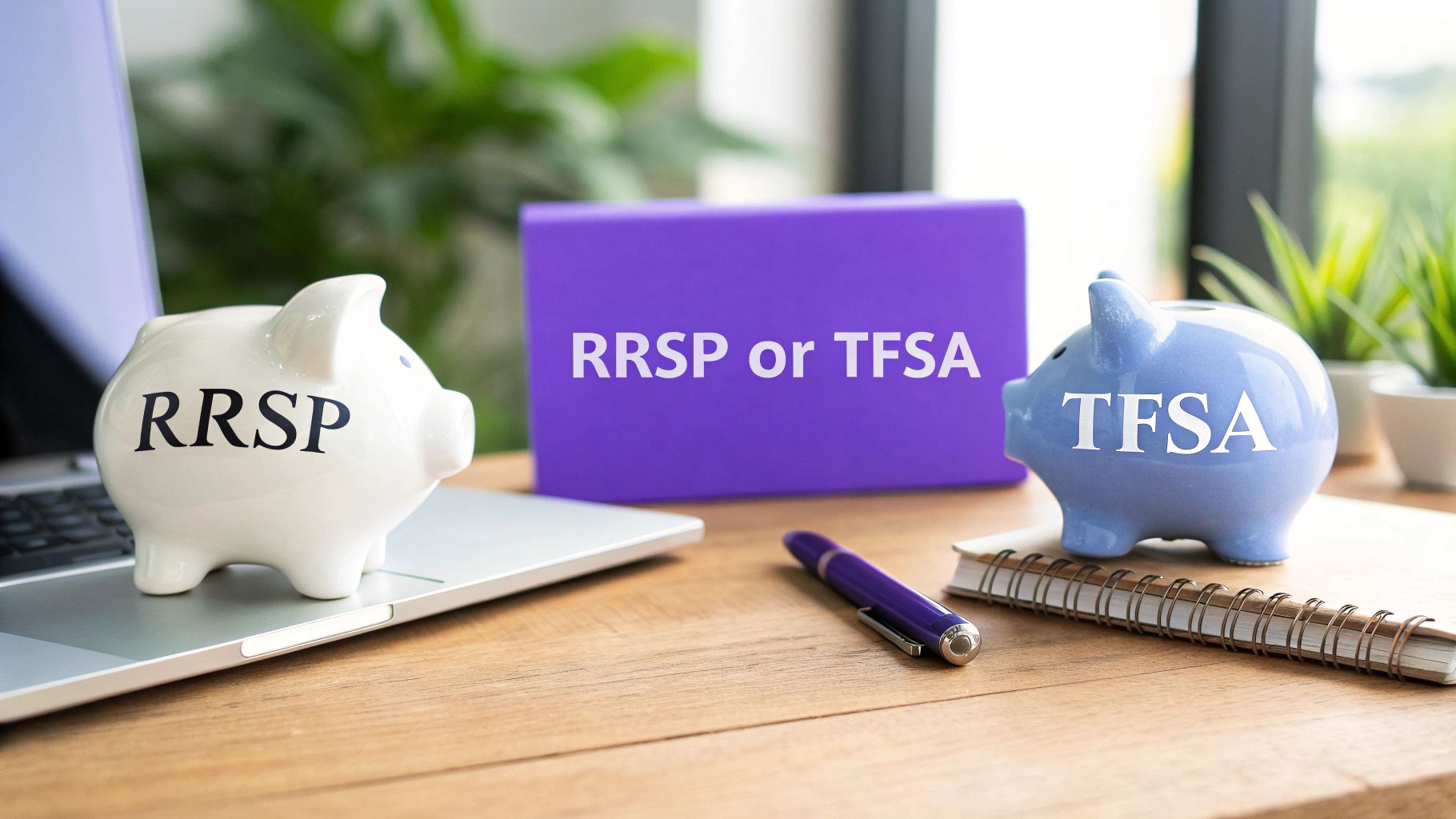 White RRSP and blue TFSA piggy banks on a desk, with a sign comparing RRSP or TFSA.