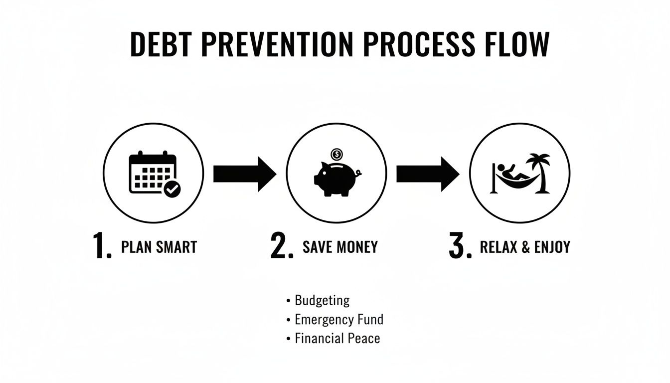Debt prevention process flow with steps: plan smart, save money, relax and enjoy.