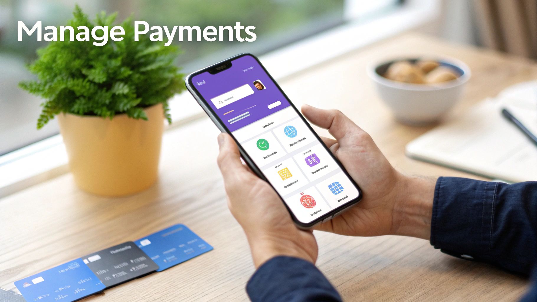 A person holds a smartphone displaying a payment app, with credit cards on a wooden table.