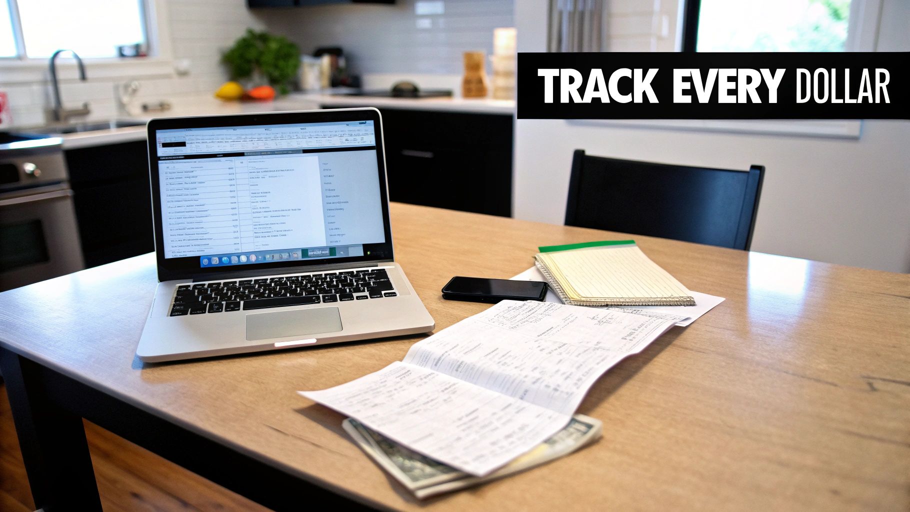 A laptop, smartphone, and financial documents on a table, emphasizing tracking every dollar.