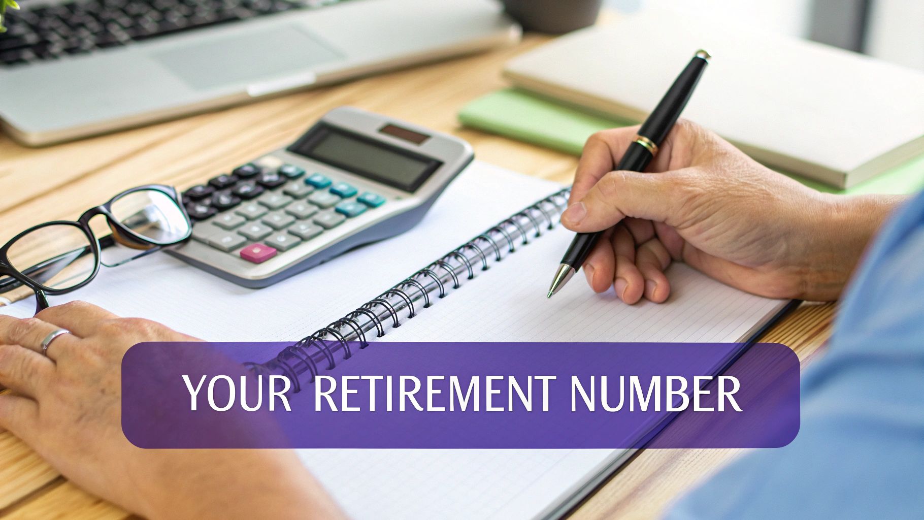 A person calculates finances for retirement planning, writing in a notebook next to a calculator and glasses.