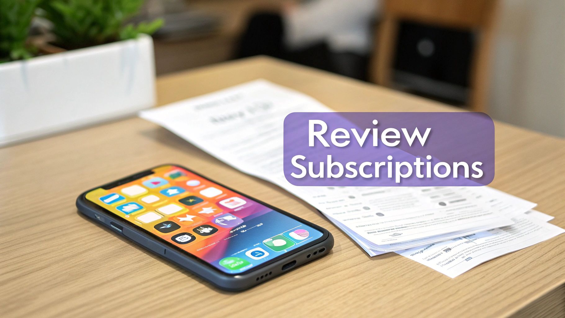 A smartphone on a wooden desk next to papers, with a 'Review Subscriptions' text overlay.