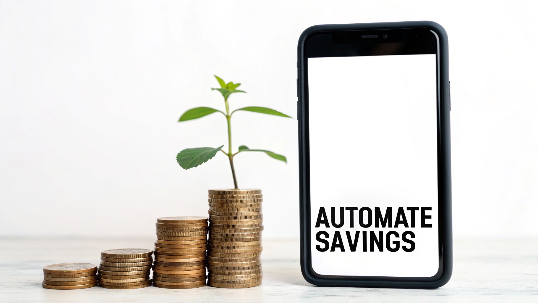 A smartphone screen displays 'AUTOMATE SAVINGS' next to increasing stacks of coins and a growing plant.