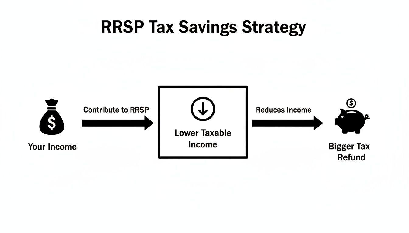 Flowchart illustrating an RRSP tax savings strategy from income to a bigger tax refund.
