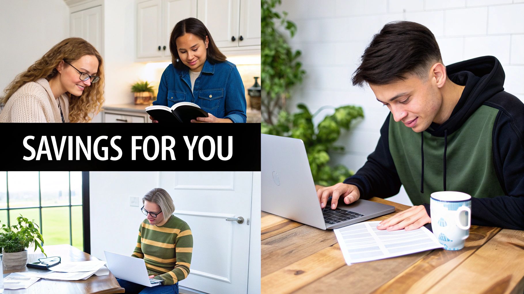 Diverse people actively planning finances, reading, and working on laptops, reflecting personal savings strategies.