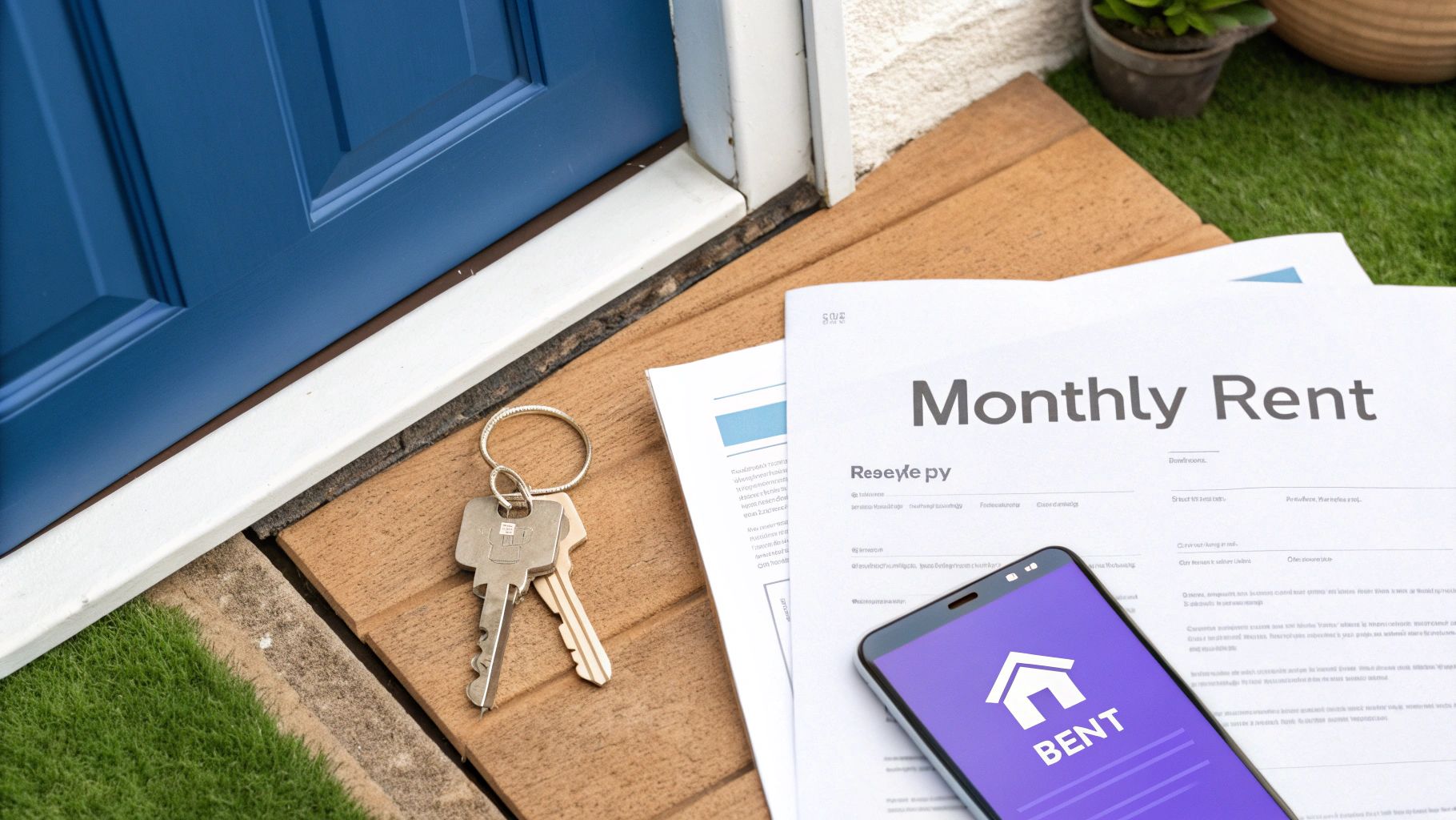 Keys, a 'Monthly Rent' document, and a rent payment app on a smartphone by a blue door.