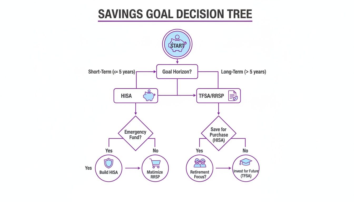 Flowchart illustrating savings goal decision tree, guiding account selection based on short-term vs long-term goals.