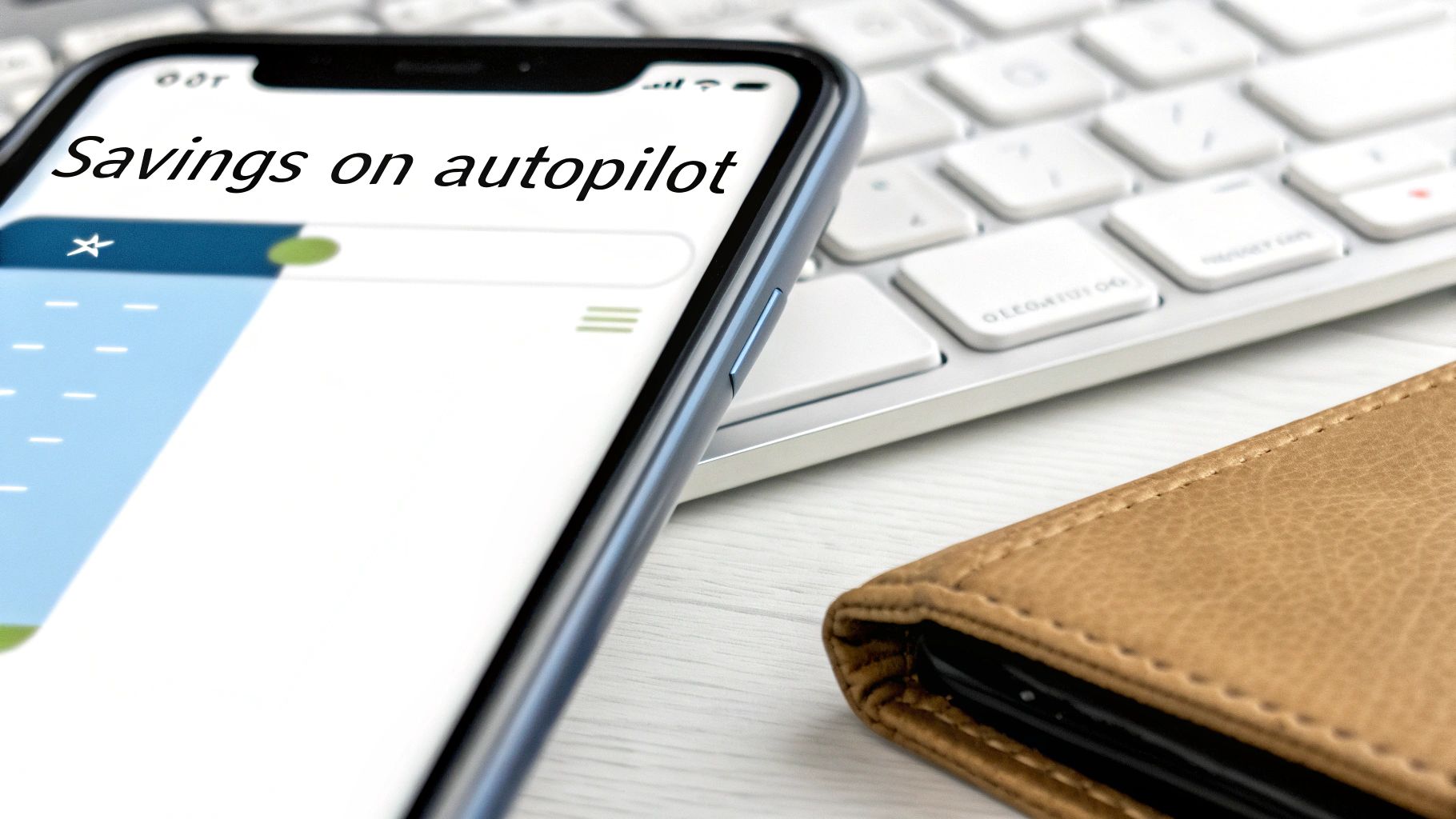 A smartphone screen displays 'Savings on autopilot' text, next to a white keyboard and a brown wallet.