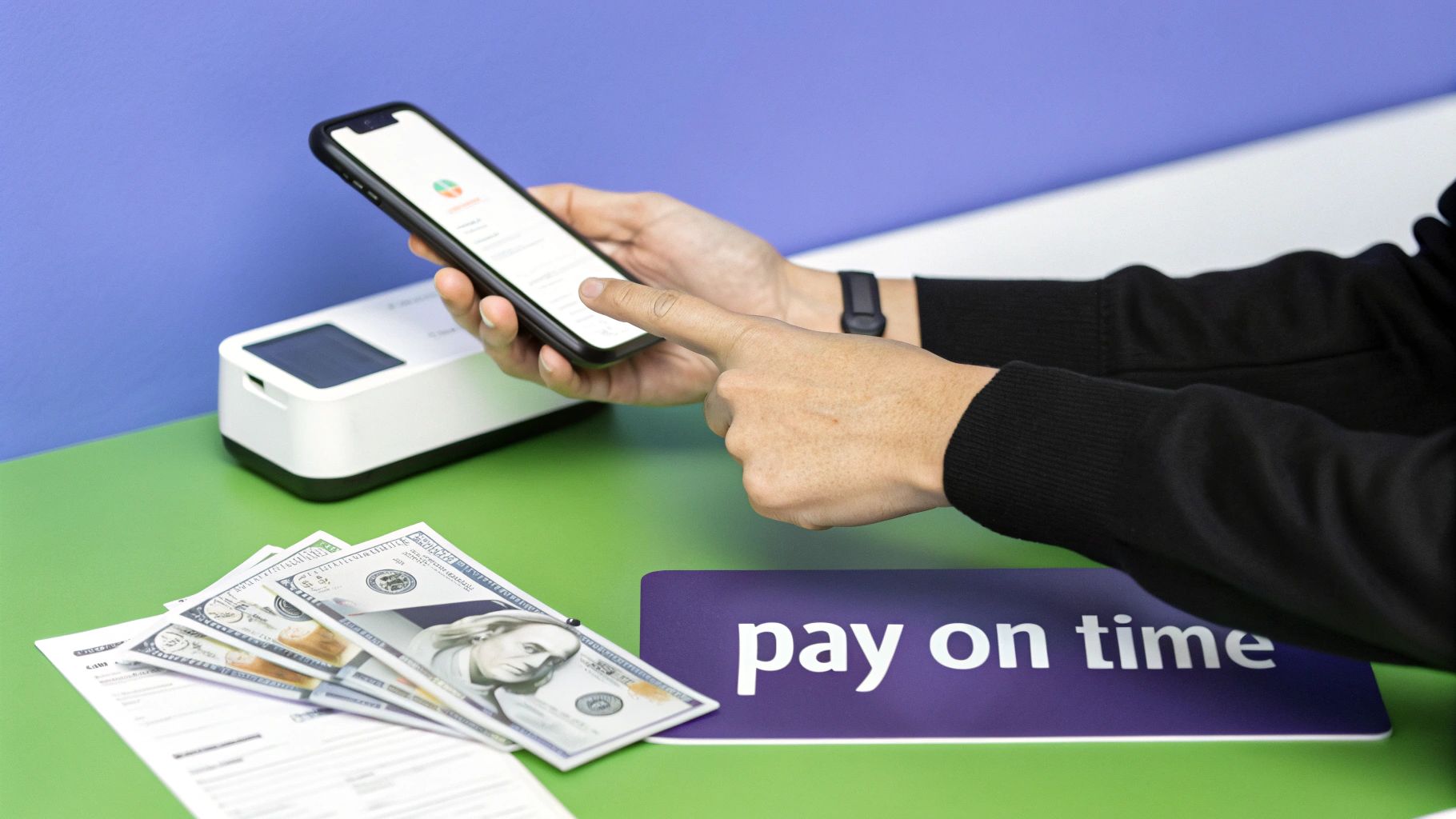 A person uses a smartphone to manage finances, with cash and a 'pay on time' sign nearby.