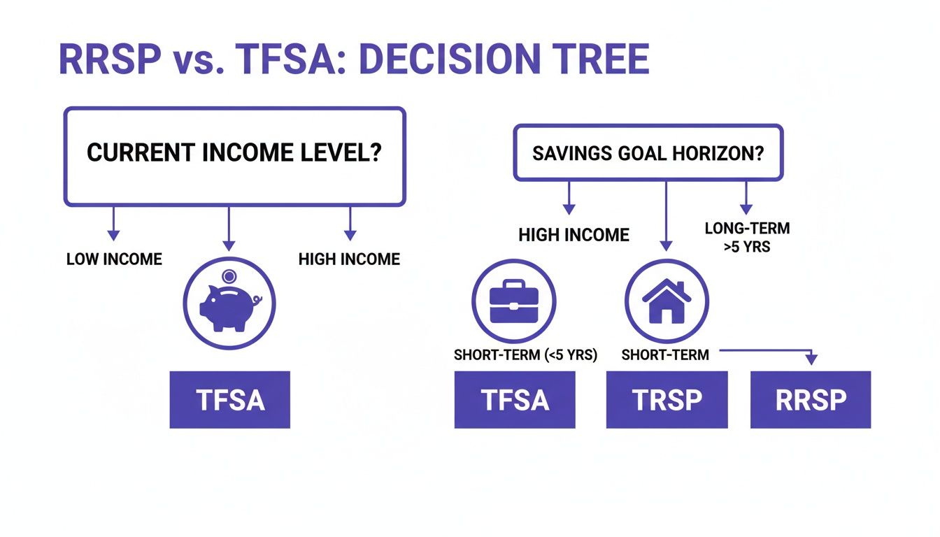 Decision tree comparing RRSP and TFSA based on income levels and savings goal horizons.