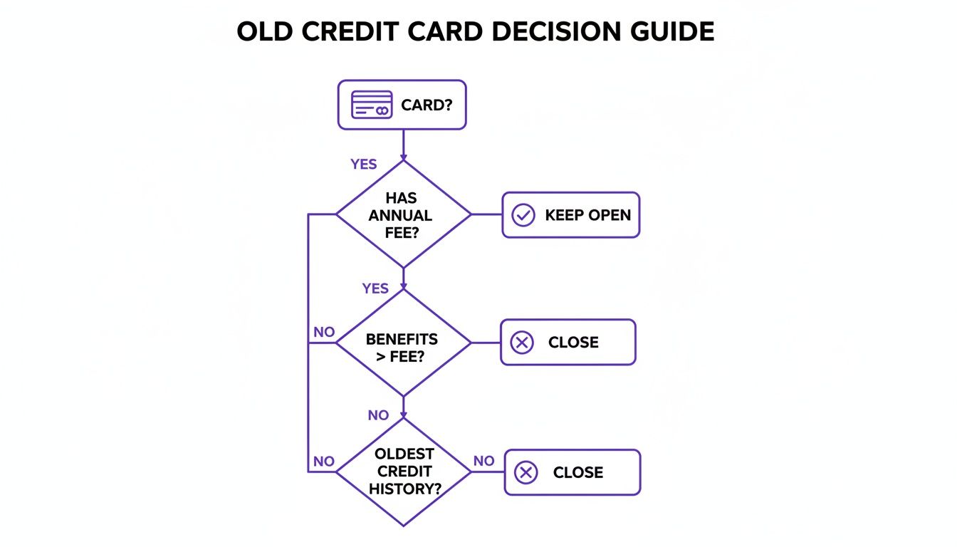 A flowchart guiding decisions on whether to keep or close an old credit card based on fees, benefits, and credit history.