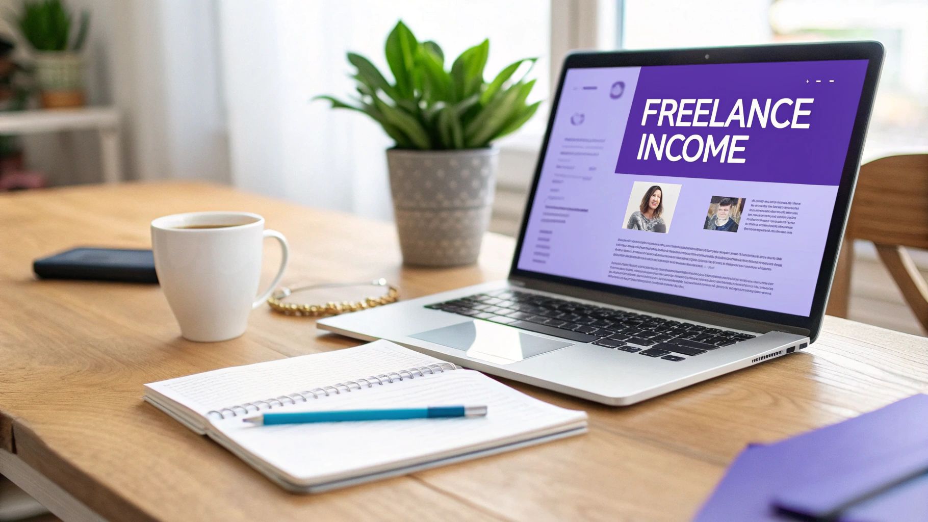 A laptop displaying 'FREELANCE INCOME' sits on a wooden desk with a coffee cup, notebook, and pen.