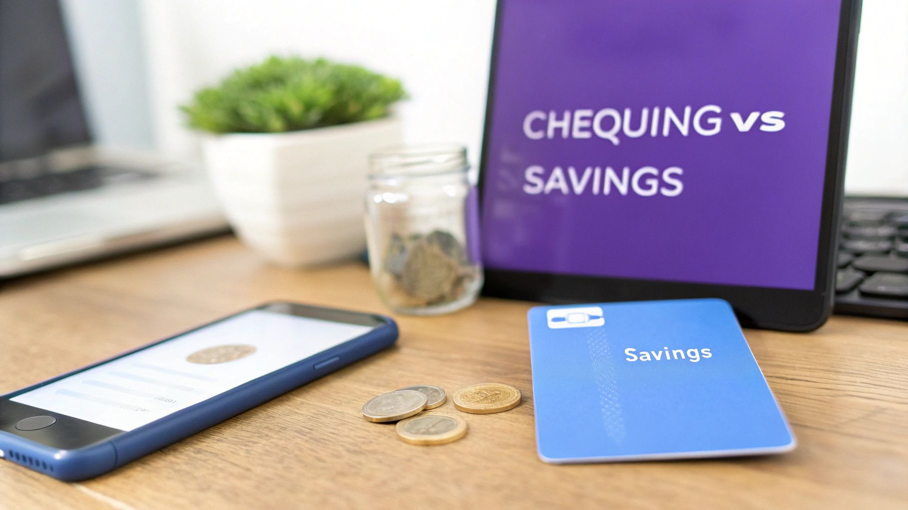 Financial planning desk with a tablet comparing chequing and savings accounts, a smartphone, and coins.