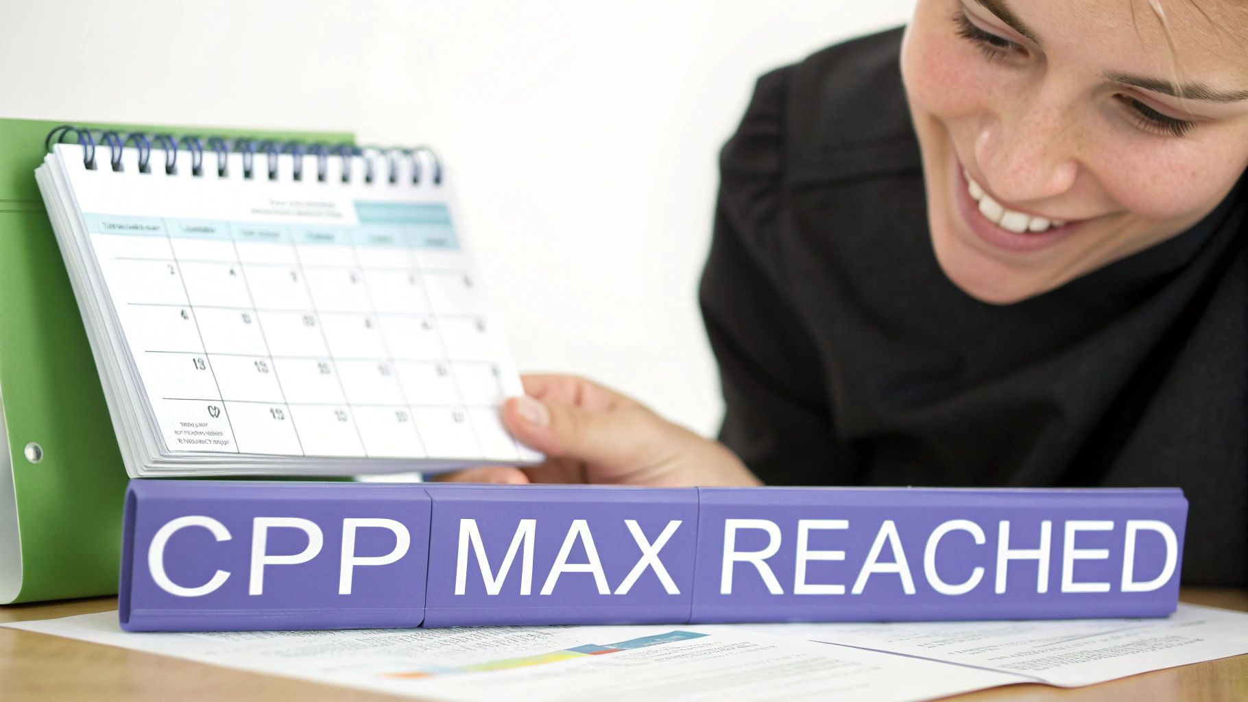 A smiling woman looks at a calendar with a 'CPP MAX REACHED' sign on her desk.