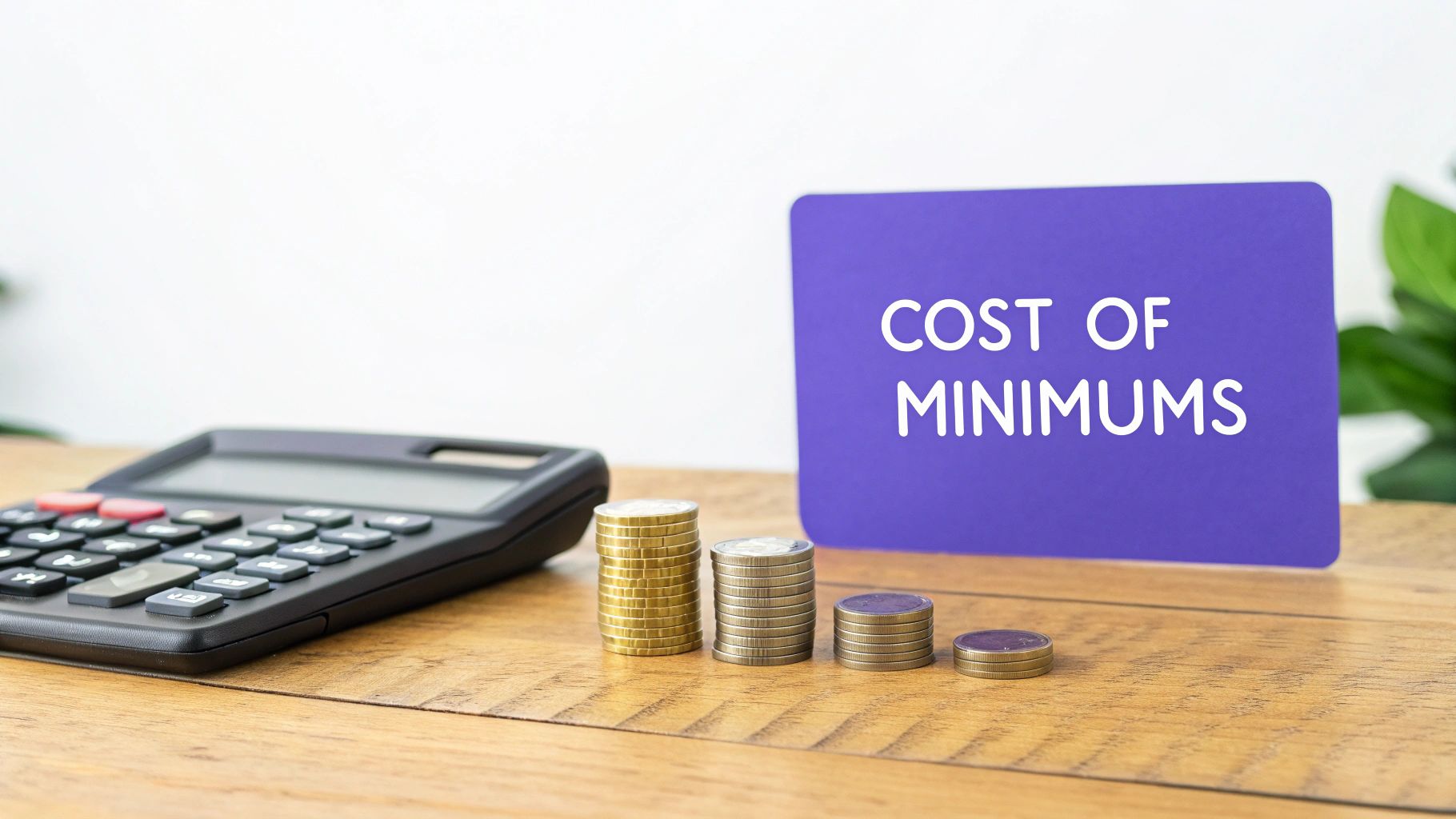 A calculator, stacks of coins, and a sign reading 'COST OF MINIMUMS' on a wooden table.