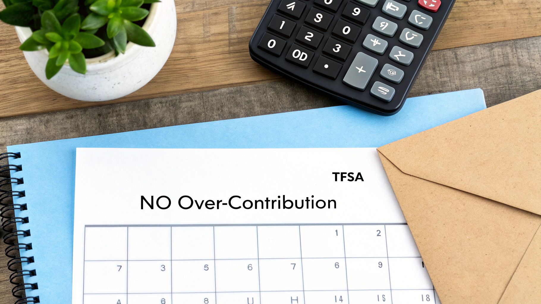 A document titled 'TFSA NO Over-Contribution' on a blue notebook, surrounded by a calculator, plant, and envelope, on a wooden table.