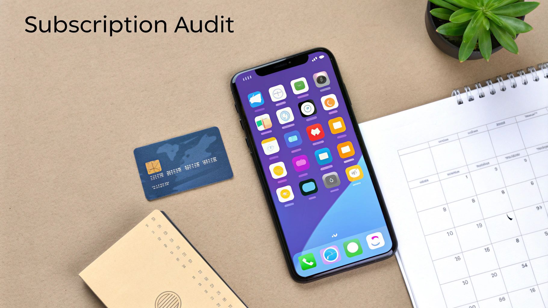A flat lay shows a smartphone, credit card, calendar, and notebook on a desk for a subscription audit.