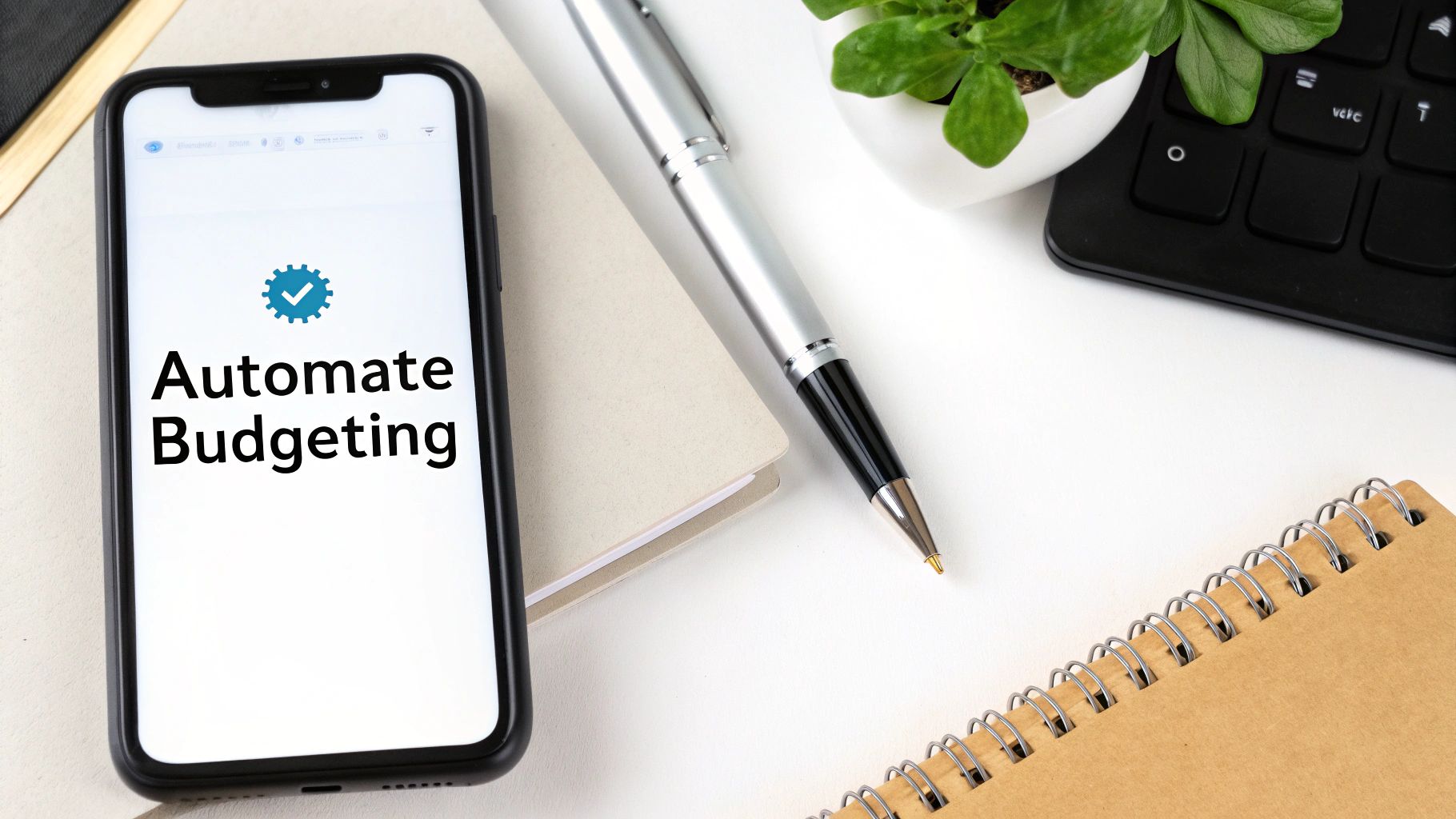 A smartphone screen displaying 'Automate Budgeting' with a gear and checkmark, alongside a pen and notebook.