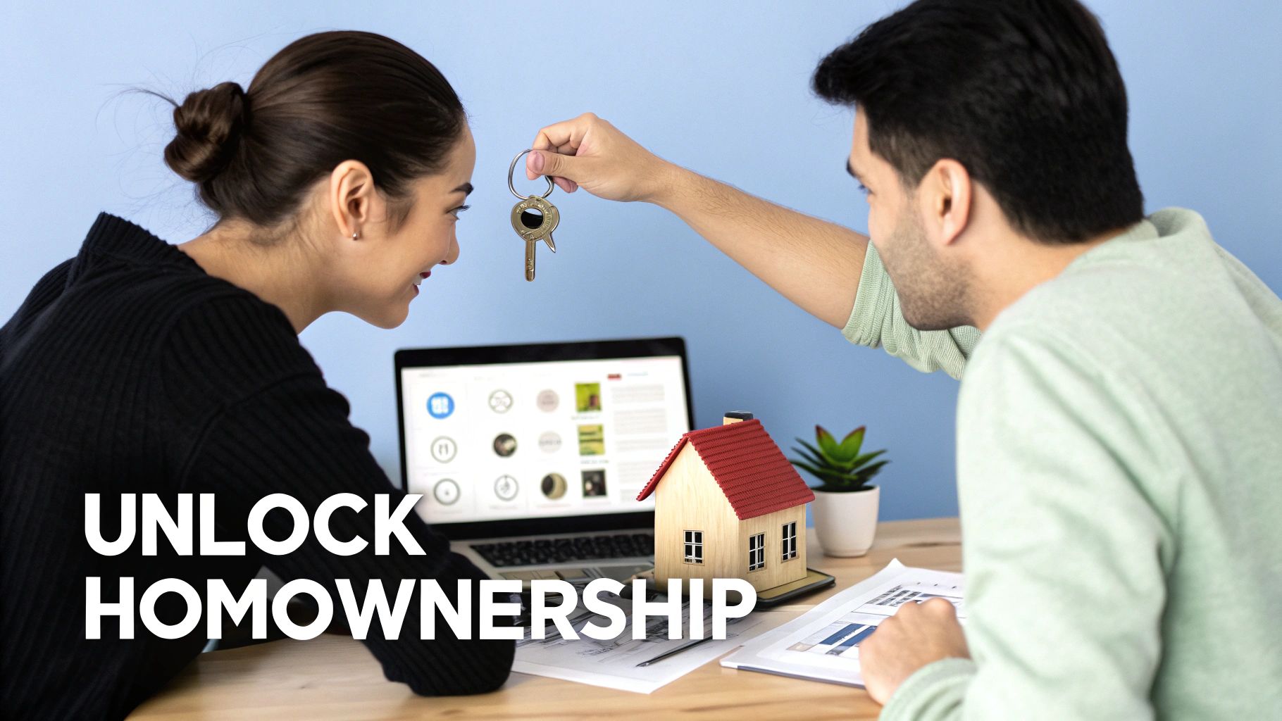 A happy couple at a desk, the man holds up house keys to the woman next to a laptop and house model.