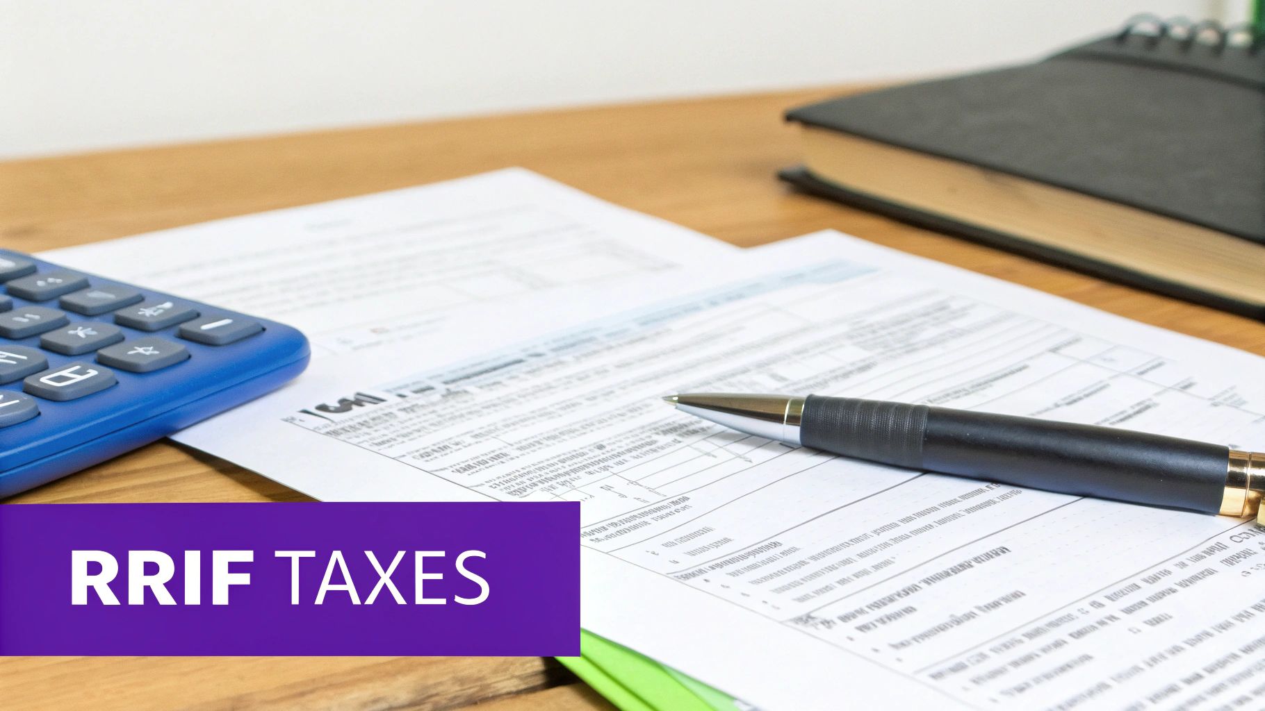 Desk setup with tax forms, a calculator, a pen, and a 'RRIF TAXES' banner.