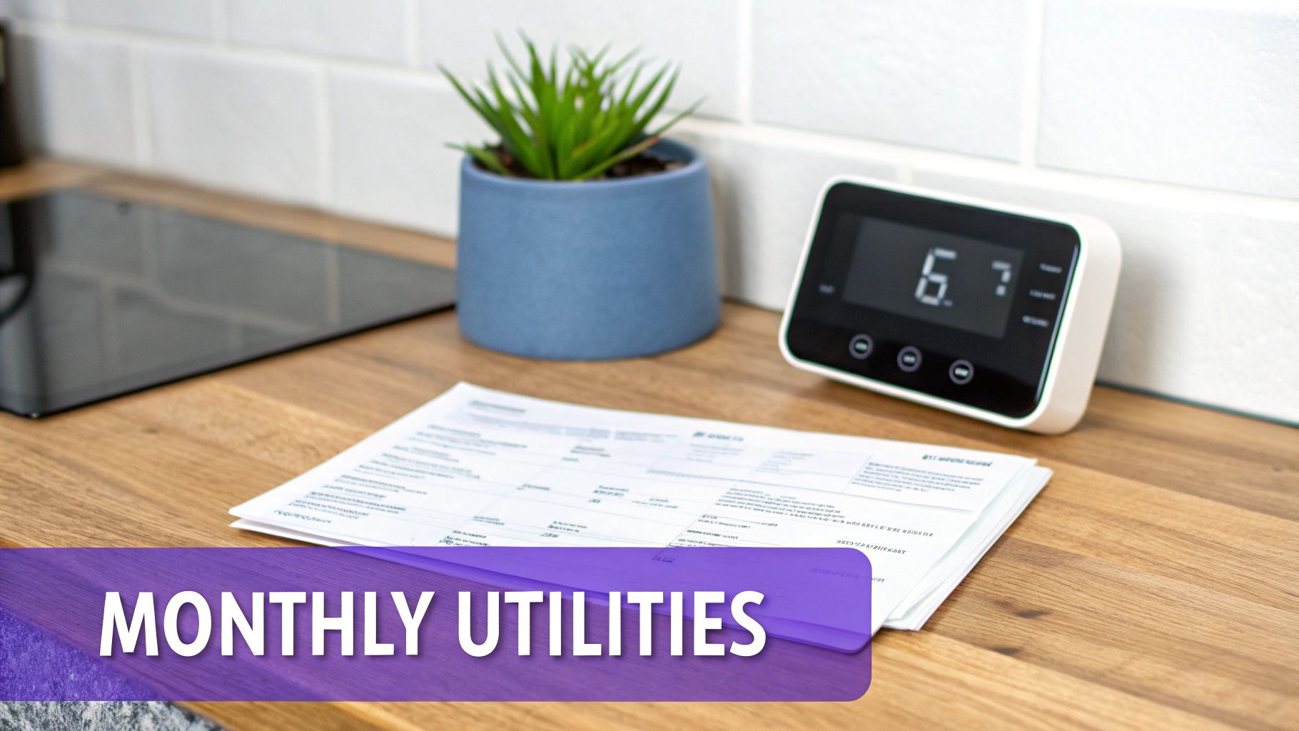 A close-up of monthly utility bills, a smart meter, and a plant on a wooden counter.