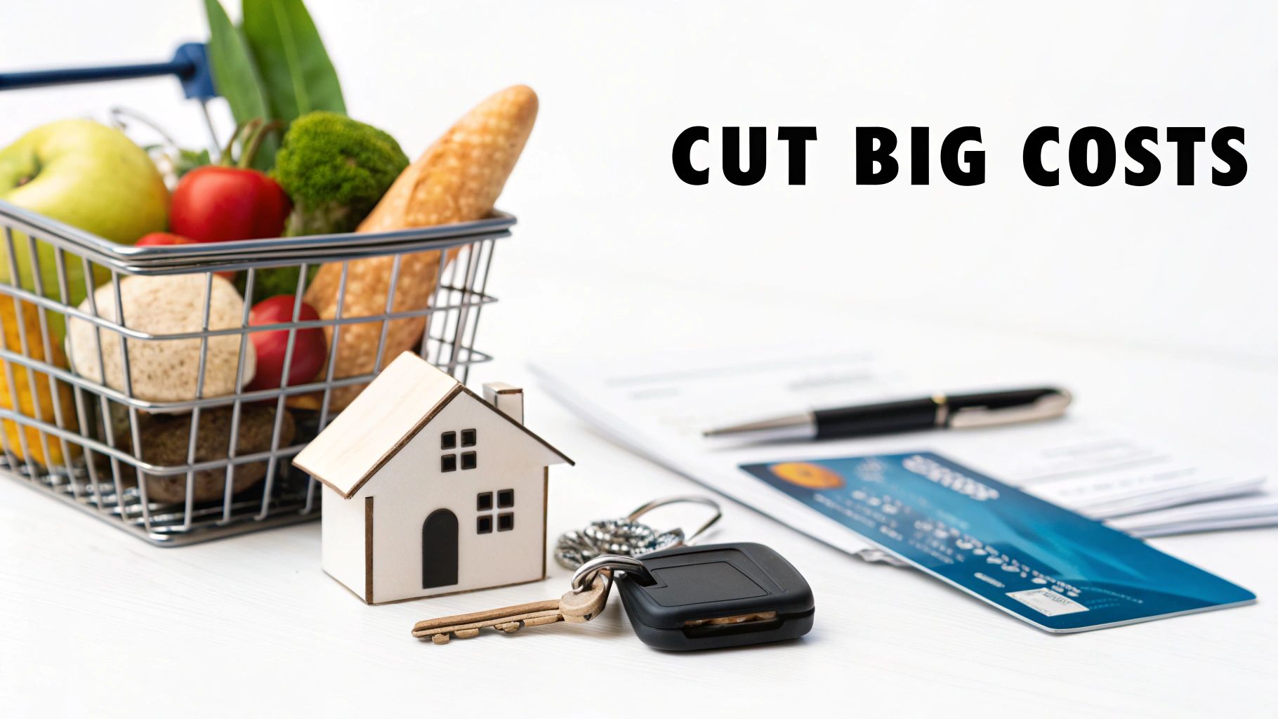 Groceries in a shopping cart, a house, car keys, and a credit card symbolizing cost-cutting.