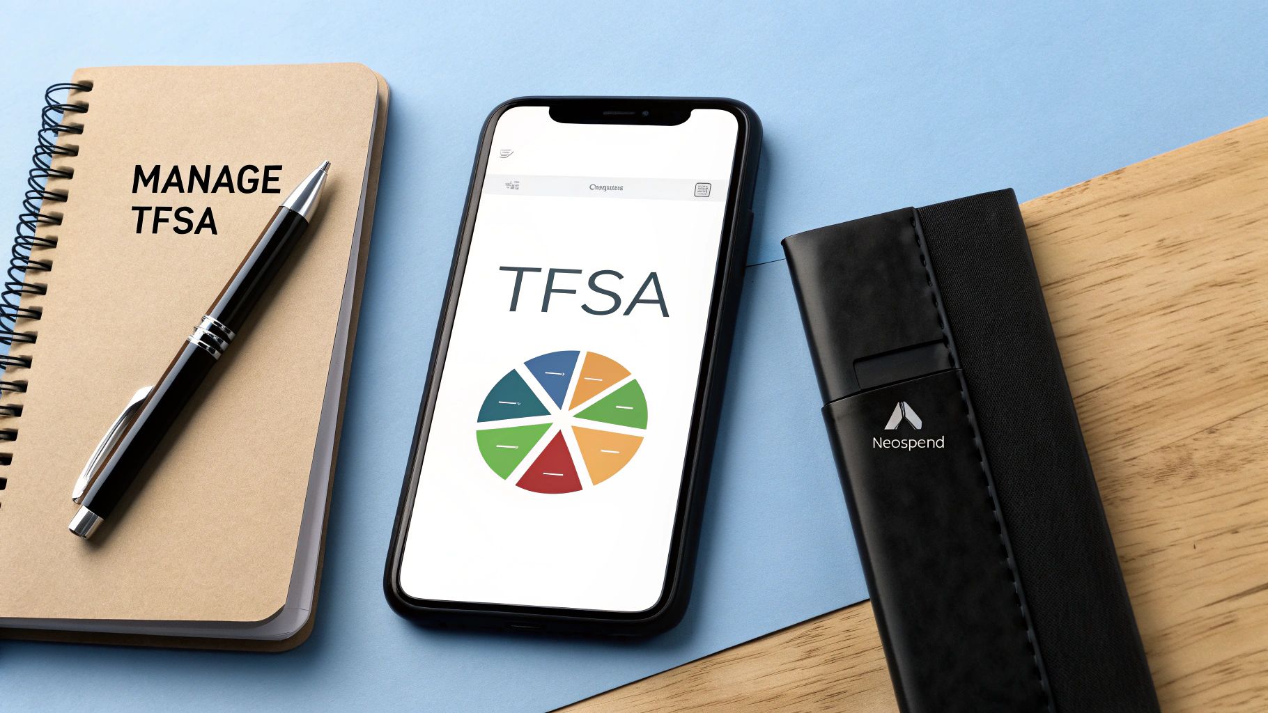 Flat lay of TFSA management tools: notebook, pen, and smartphone app with a pie chart.