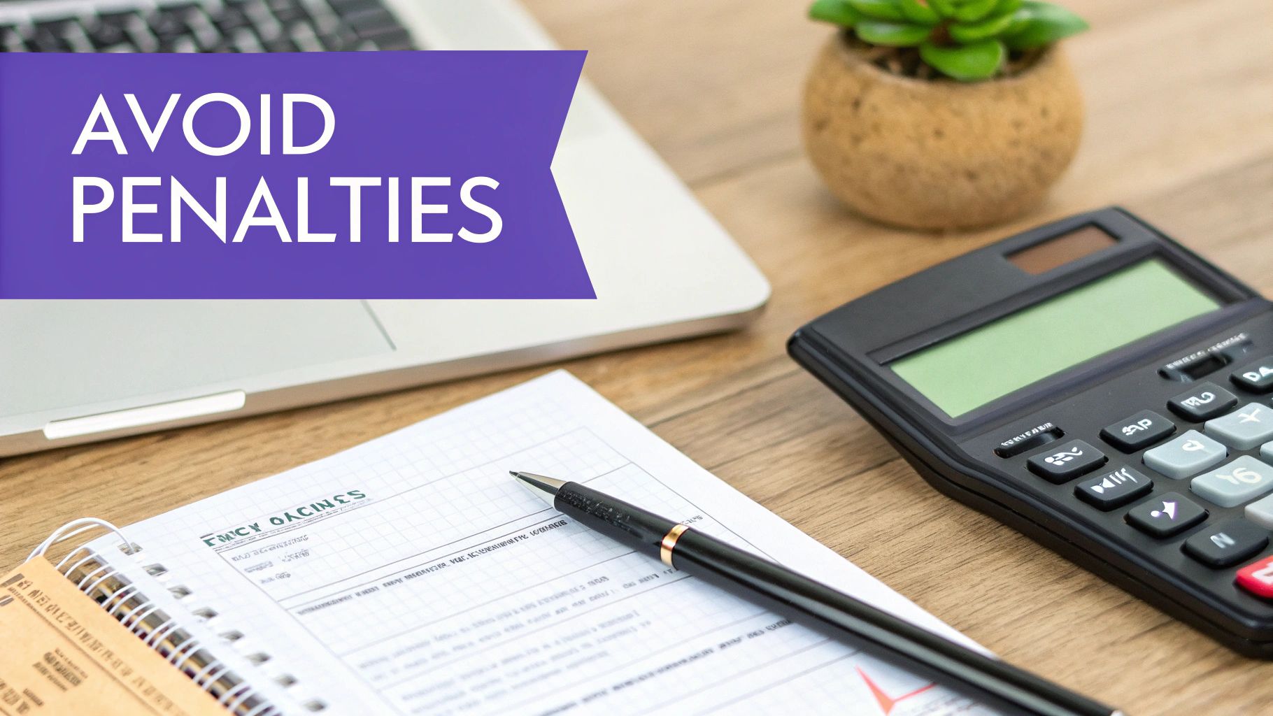 Desk flat lay with laptop, calculator, notebook, pen, and a banner saying 'AVOID PENALTIES'.