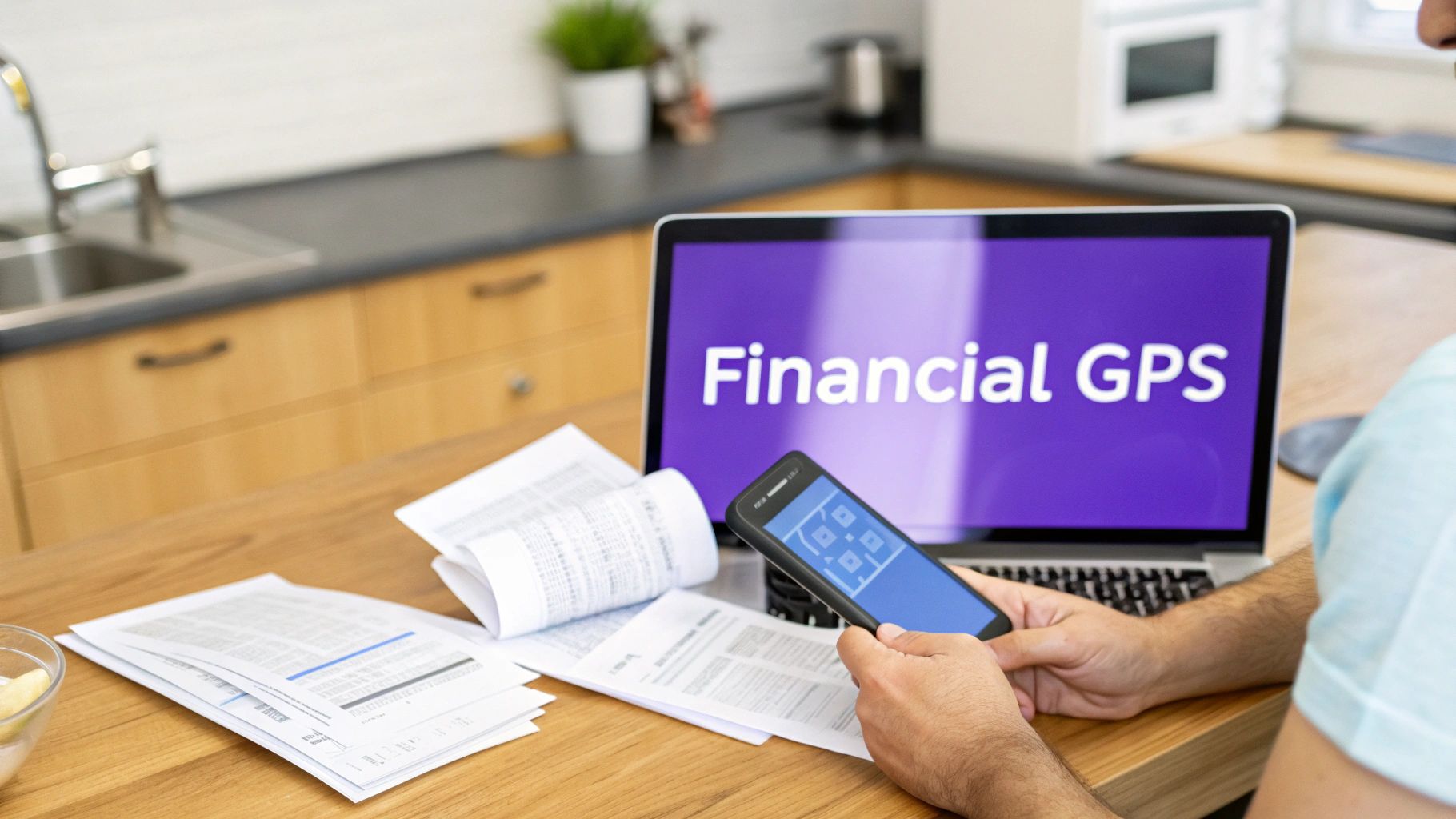 Person analyzing financial documents with a smartphone and a laptop displaying "Financial GPS."
