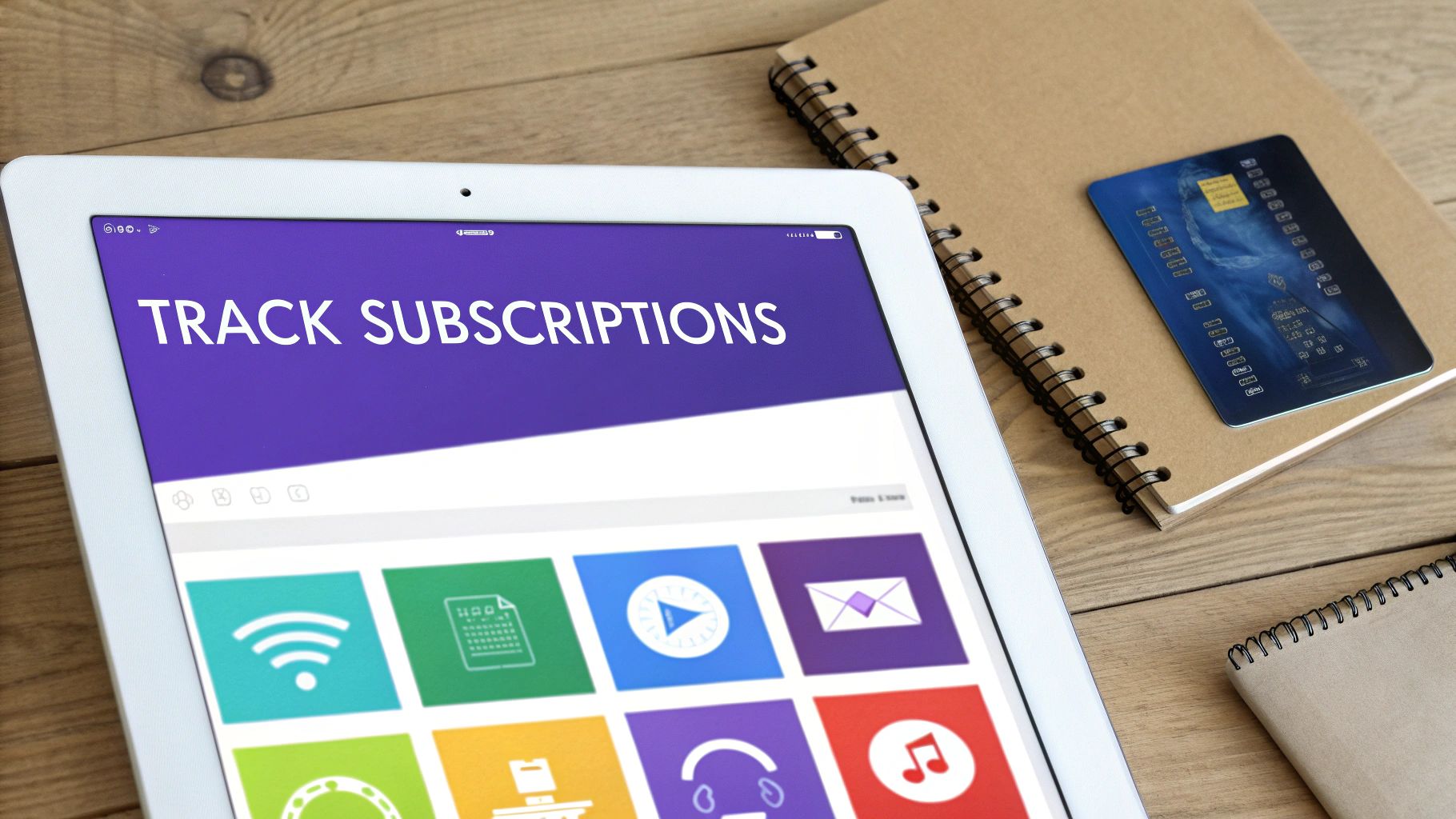 A white tablet displays 'TRACK SUBSCRIPTIONS' on a wooden table, surrounded by app icons, notebooks, and a credit card.