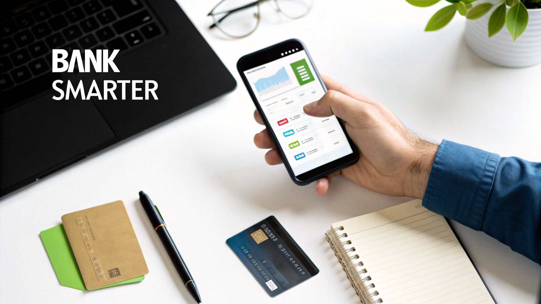 Close-up of a hand using a mobile banking app on a smartphone with 'BANK SMARTER' text.