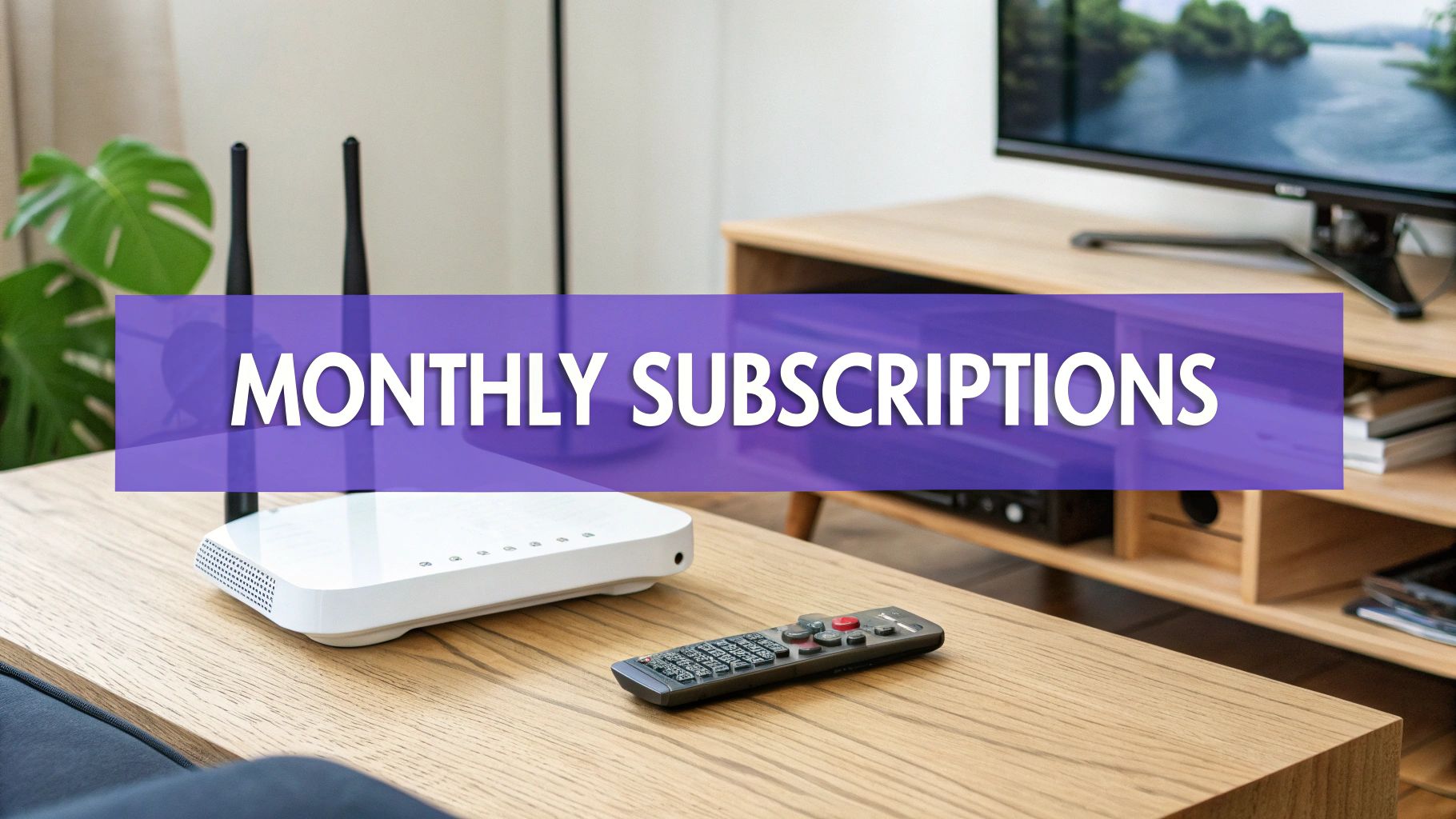 A living room scene with a router and remote on a coffee table, overlaid with 'MONTHLY SUBSCRIPTIONS' text.