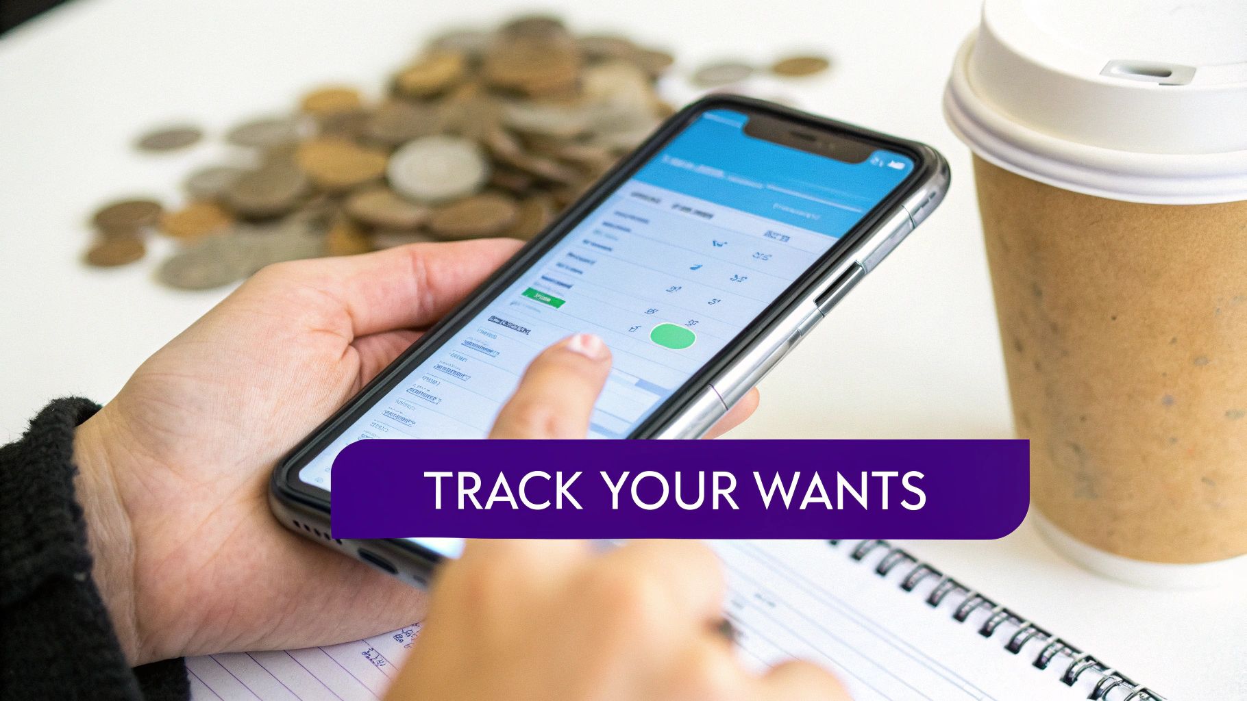 Close-up of a hand using a smartphone app to track personal finances, with coins and coffee nearby.