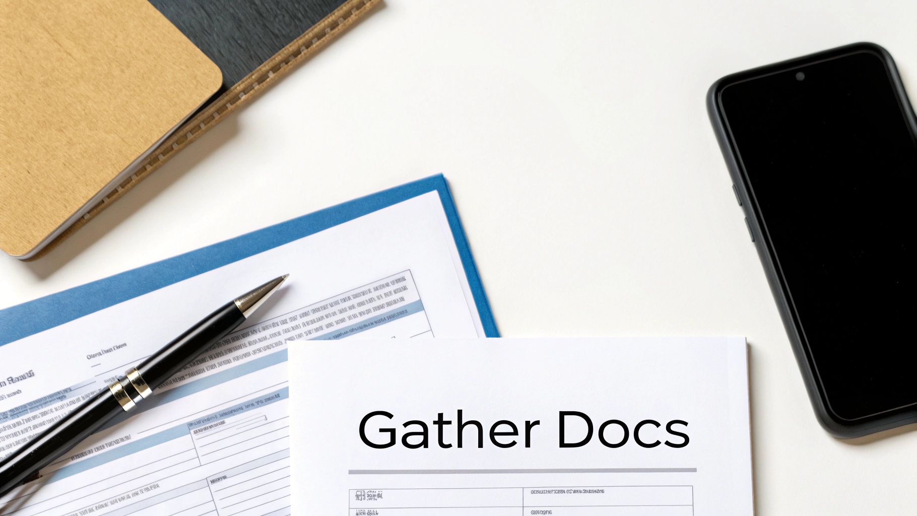 Overhead view of a desk with documents, a pen, a phone, and a notebook, featuring 'Gather Docs' text.