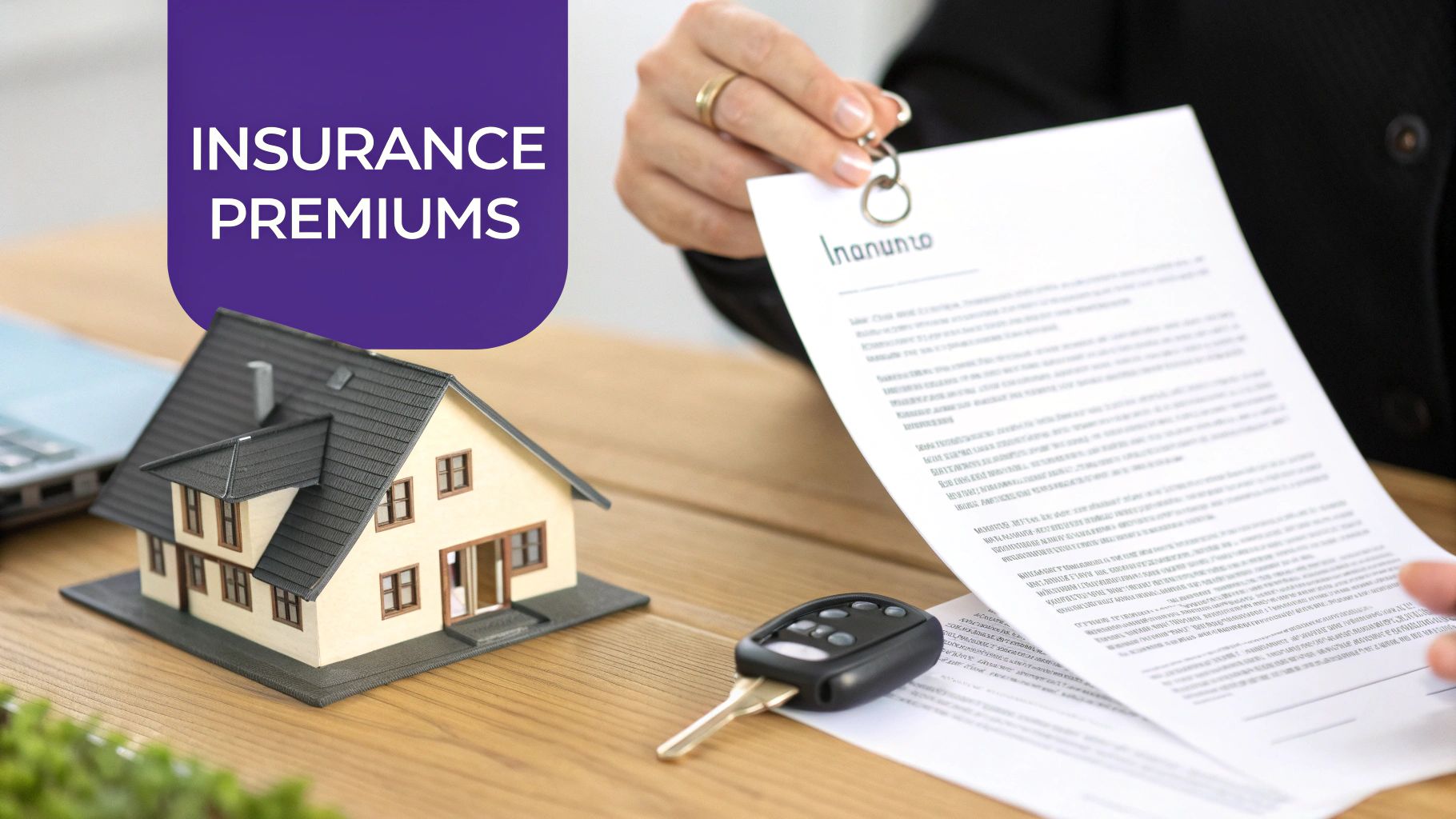 A person holds an insurance document, with a house model and car key, illustrating insurance premiums.