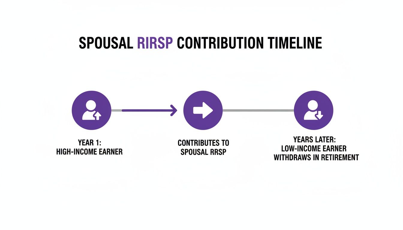 A timeline illustrating Spousal RRSP contributions: high-income earner contributes, then low-income earner withdraws in retirement.