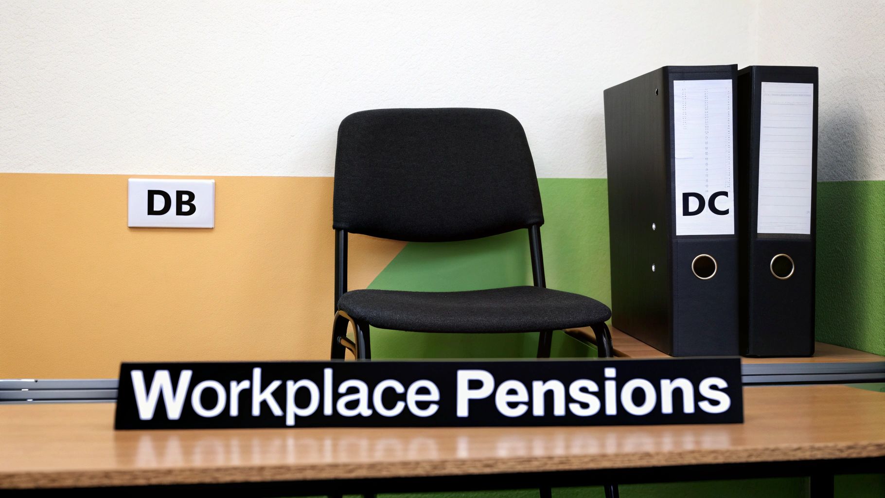 A desk sign reads 'Workplace Pensions' with 'DB' and 'DC' labels for different pension types.