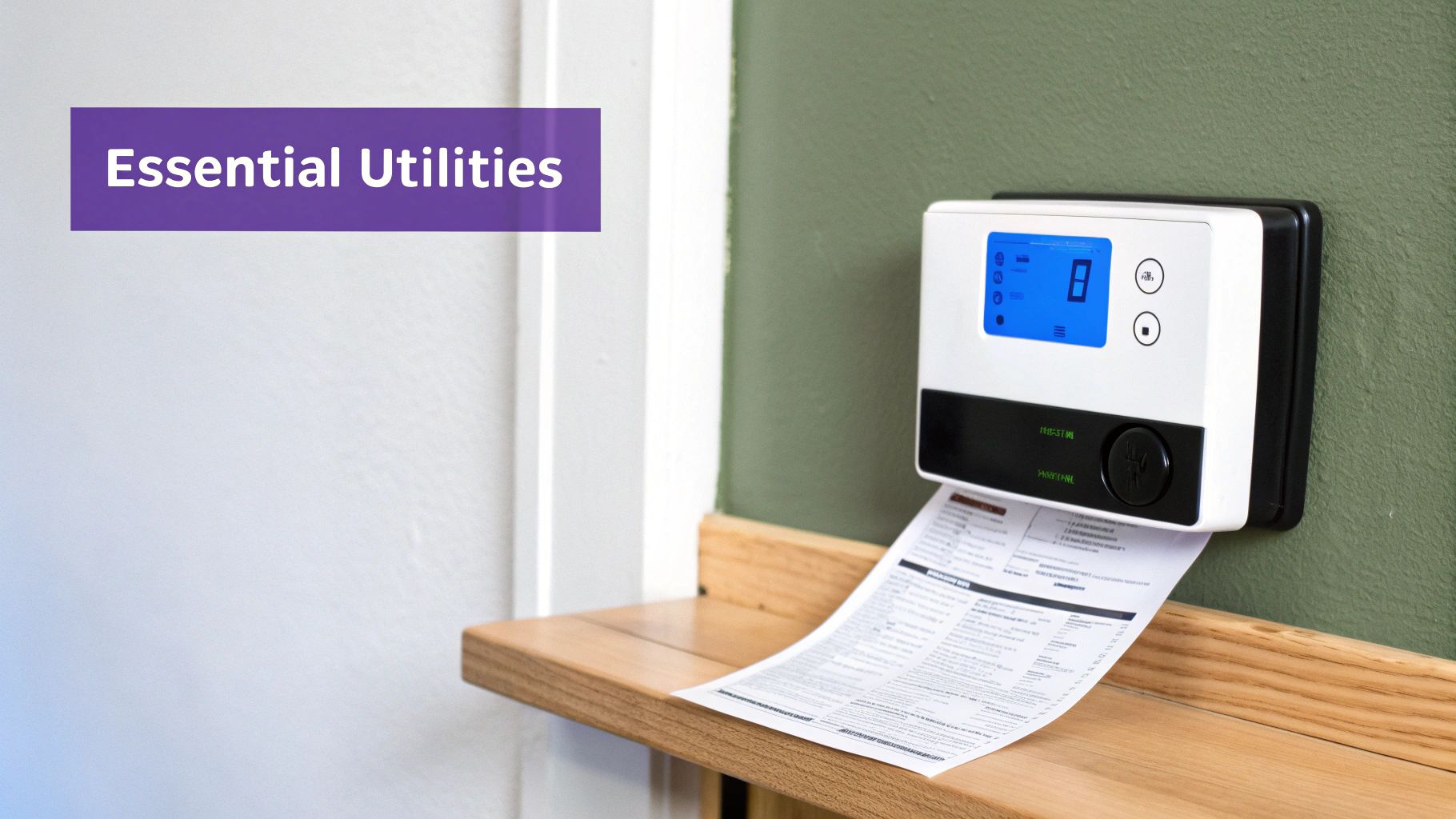 A utility meter on a green wall, dispensing a paper receipt, next to a 'Essential Utilities' banner.
