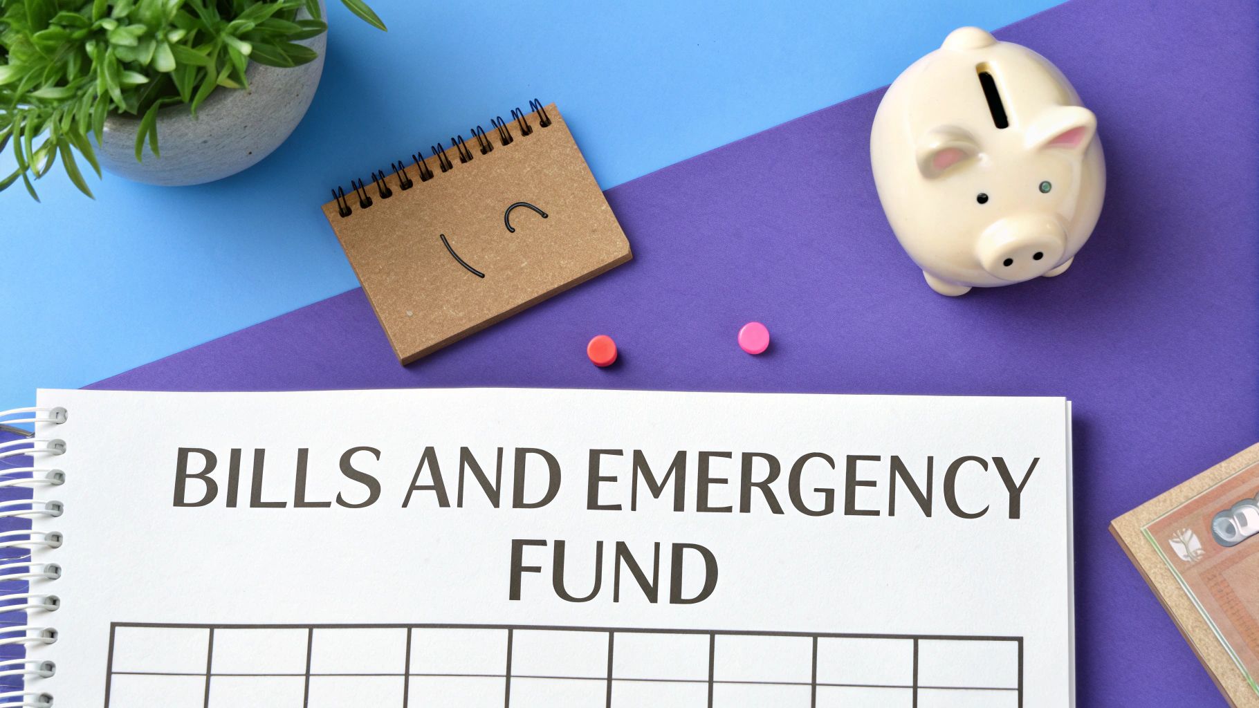 A top-down view of a notebook titled 'BILLS AND EMERGENCY FUND' with a piggy bank and a plant, symbolizing financial planning.