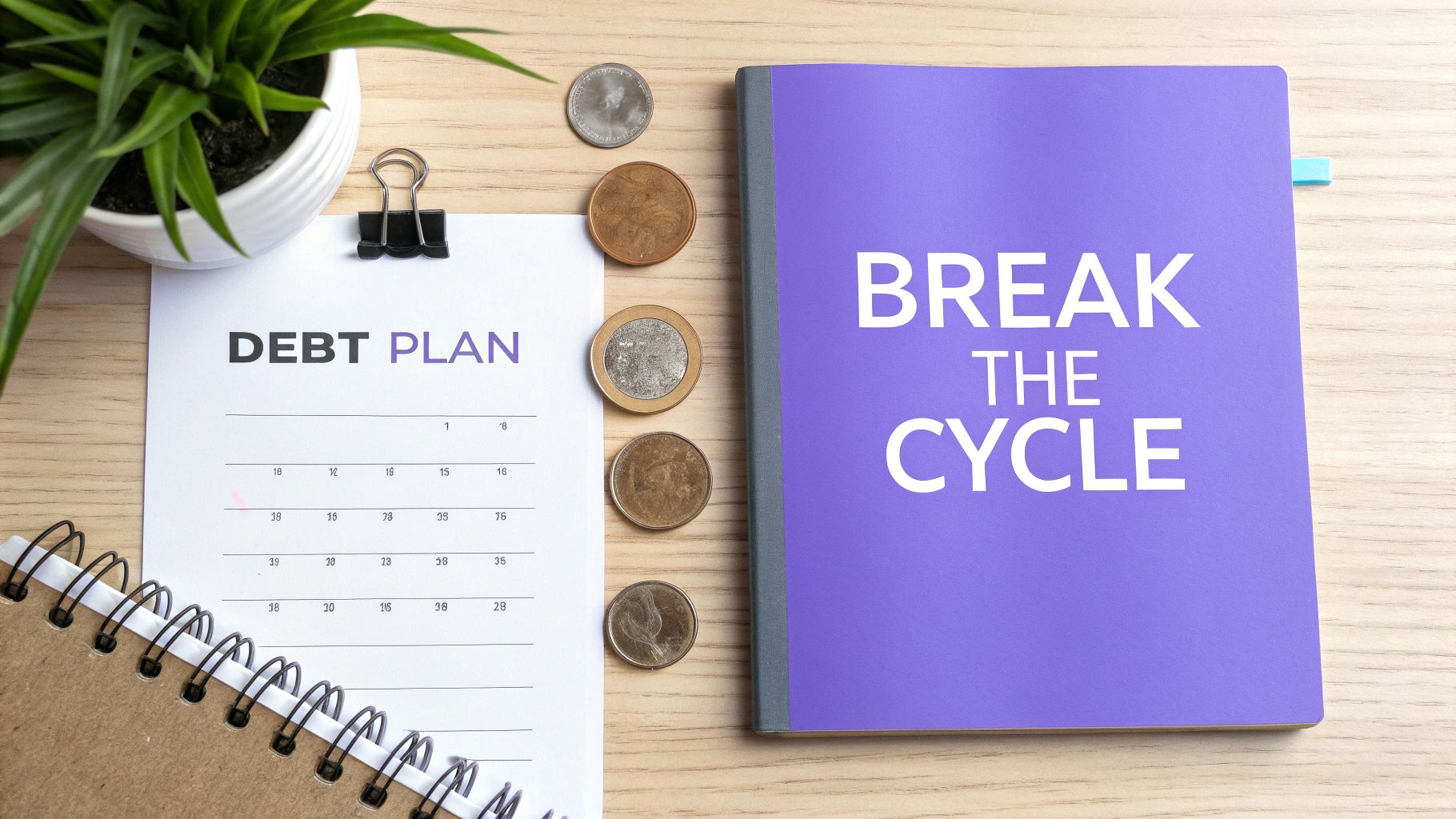 Flat lay showing a 'Debt Plan' calendar, 'Break the Cycle' notebook, coins, and a plant.