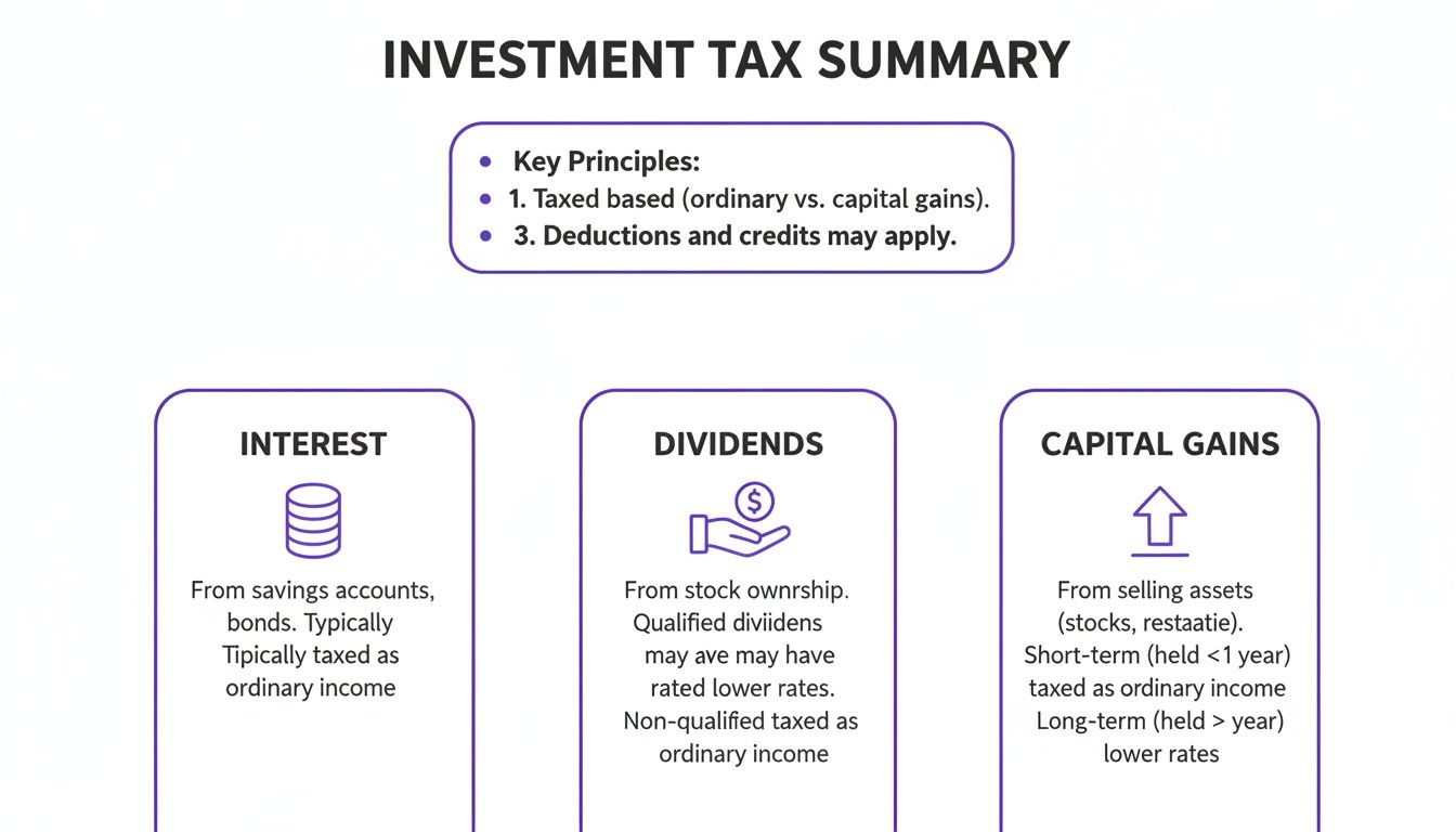 An investment tax summary chart explaining key principles and how interest, dividends, and capital gains are taxed.