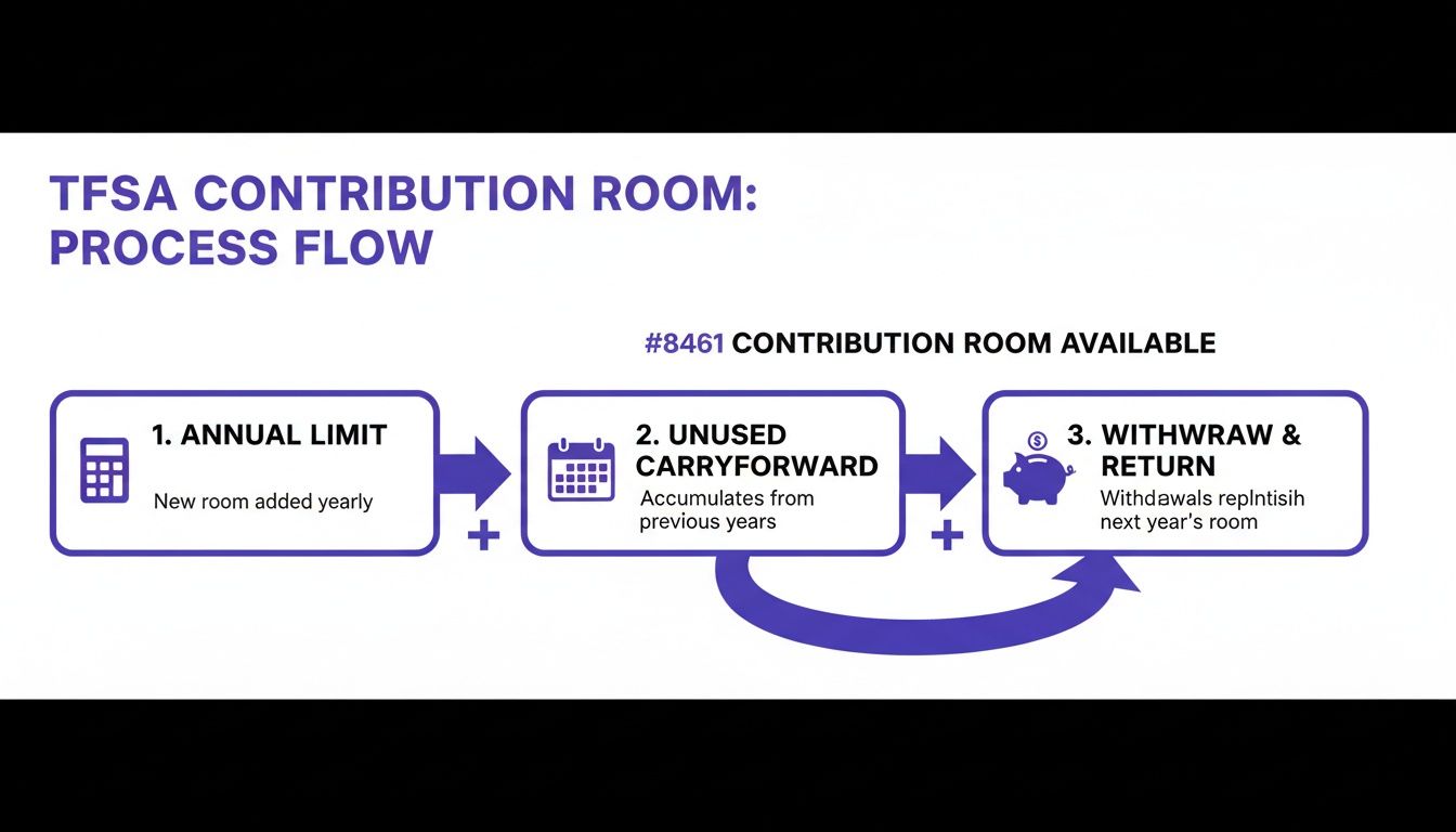 Diagram illustrating the TFSA contribution room process flow with annual limit, carryforward, and withdrawal replenishment.