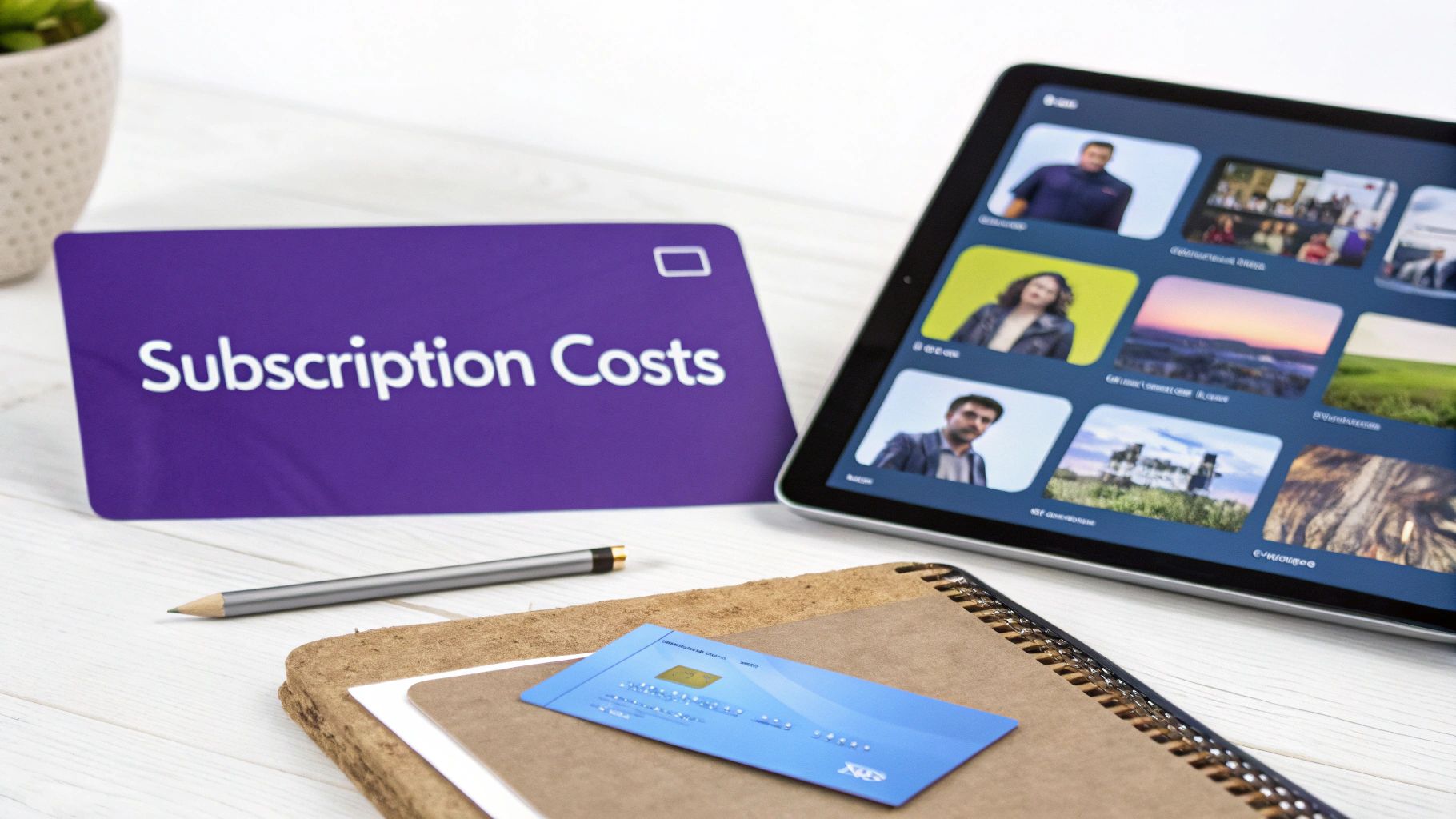A purple card displaying 'Subscription Costs' next to a tablet showing videos, a credit card, and a pencil on a desk.