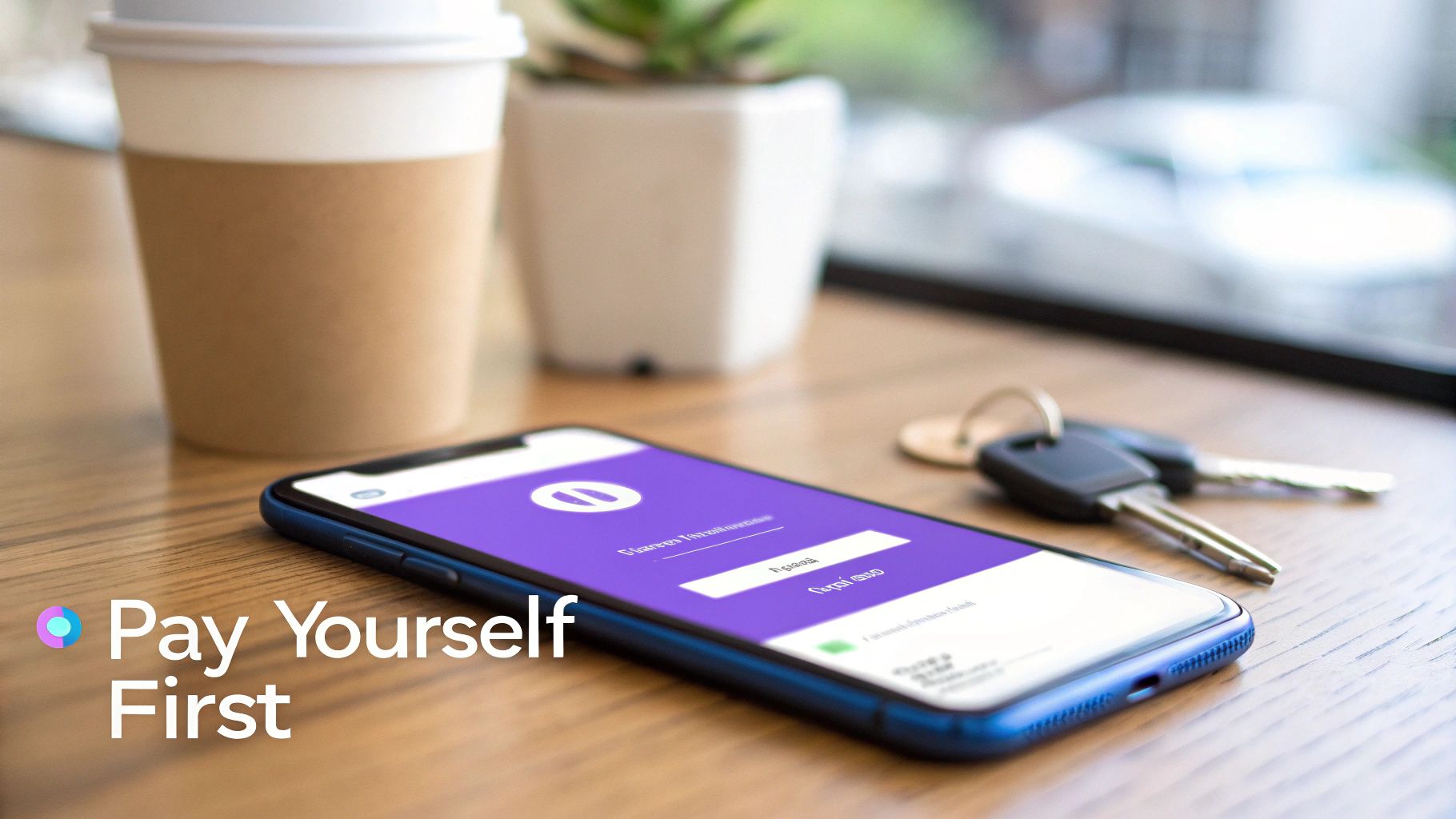 Smartphone on a wooden table displays a finance app, next to a coffee cup, plant, and car keys.