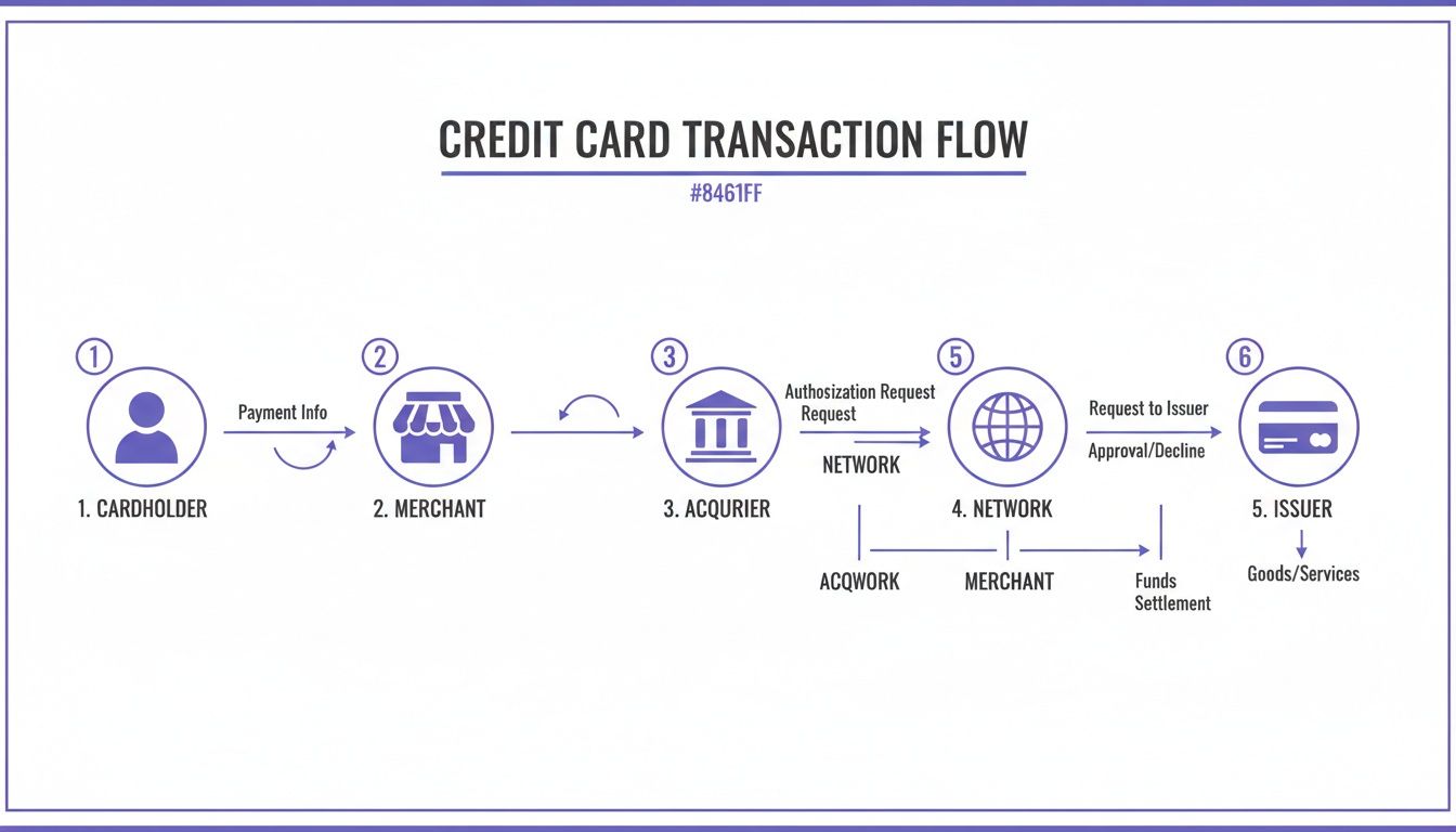 Diagram illustrating the step-by-step credit card transaction flow from cardholder to issuer.